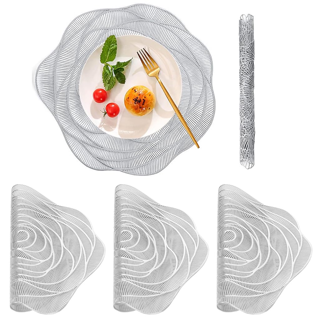 ZIBUYU® Table Mats Set of 4 Round Place Mats PVC Luxury Cup Mats for Dining Table Rose Design Heat Resistant Hollow Out Cutwork Non-Slip Dining Table Place Mats (15 inch) - Silver