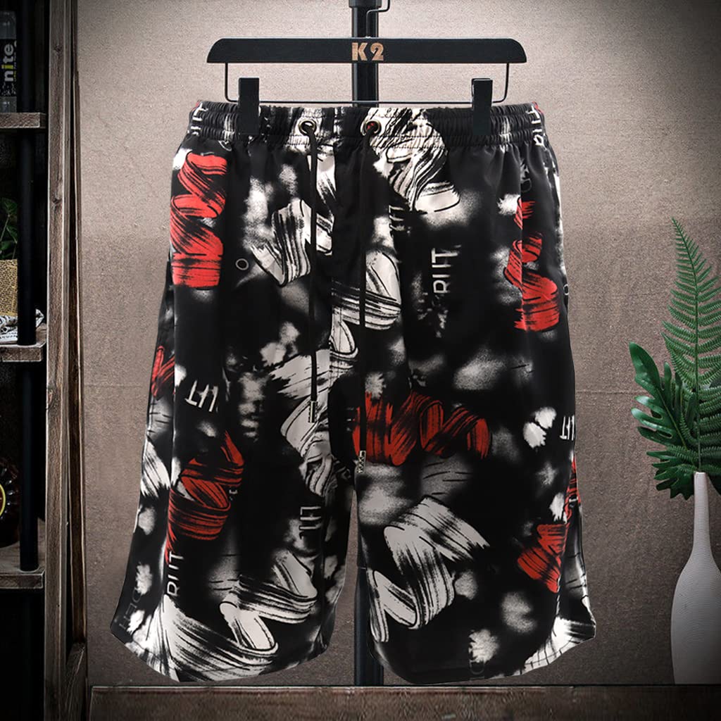 PROBEROS Swimming Trunk for Men with Quick Dry Polyester and Elastic Waist 65–90kg | Black Print Beach Shorts with Pockets