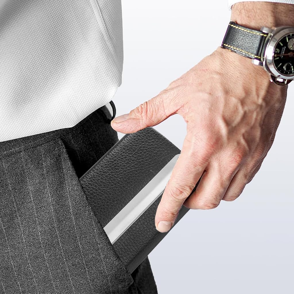 Climberty Business Card Holder for Professionals featuring Magnetic Flip-up Design and Leather-Coated Stainless Steel | Slim Organizer for Men and Women