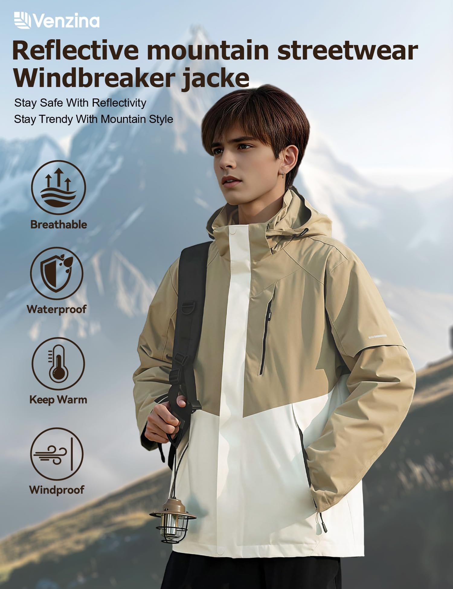 Venzina Men's Lightweight Jacket for Hiking and Cycling with Reflective Sleeves | Breathable Windproof Water‑Repellent Coat in Light Khaki