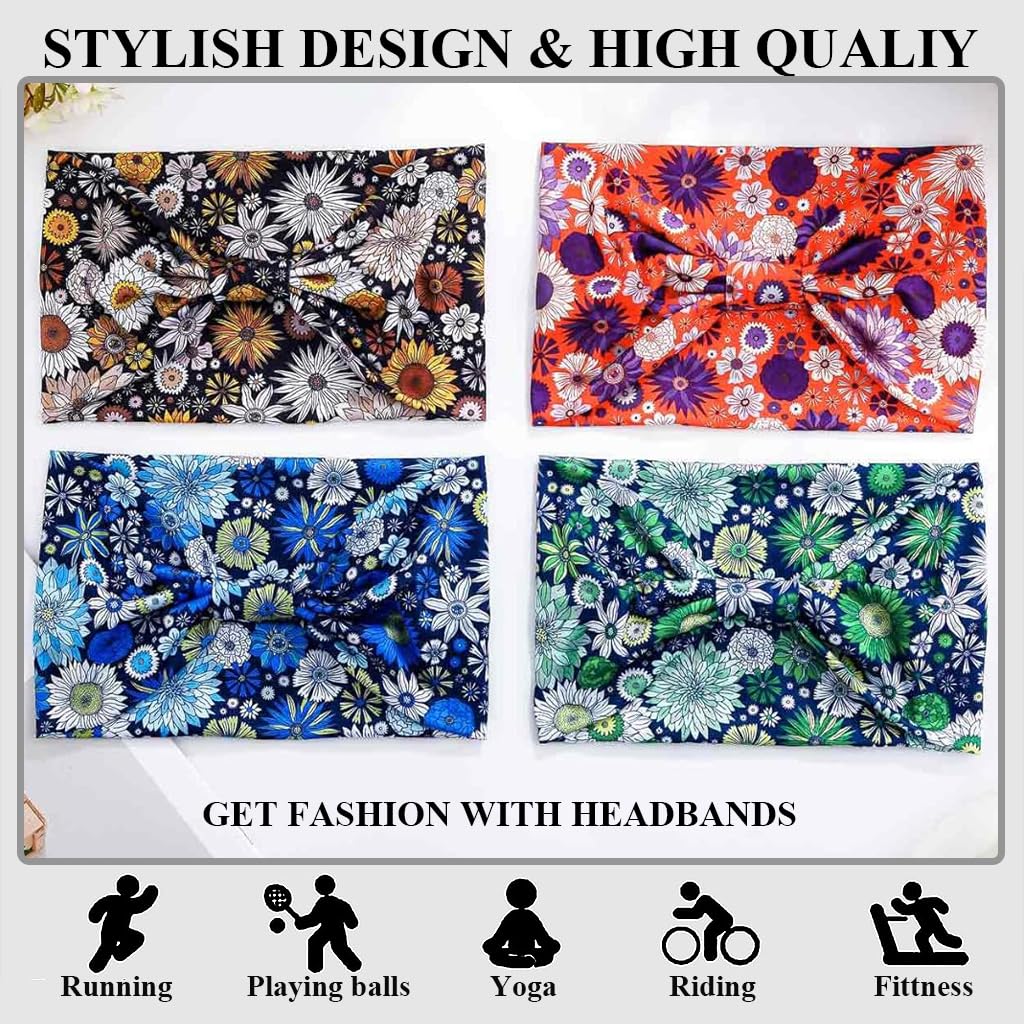 SANNIDHI Headbands for Women featuring 4 Floral Stretch Wraps with Knotted Boho Design