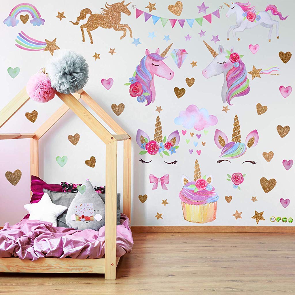 Supvox PVC Unicorn Wall Sticker, 23.5 x 8.85 inches, Pink, Botanical