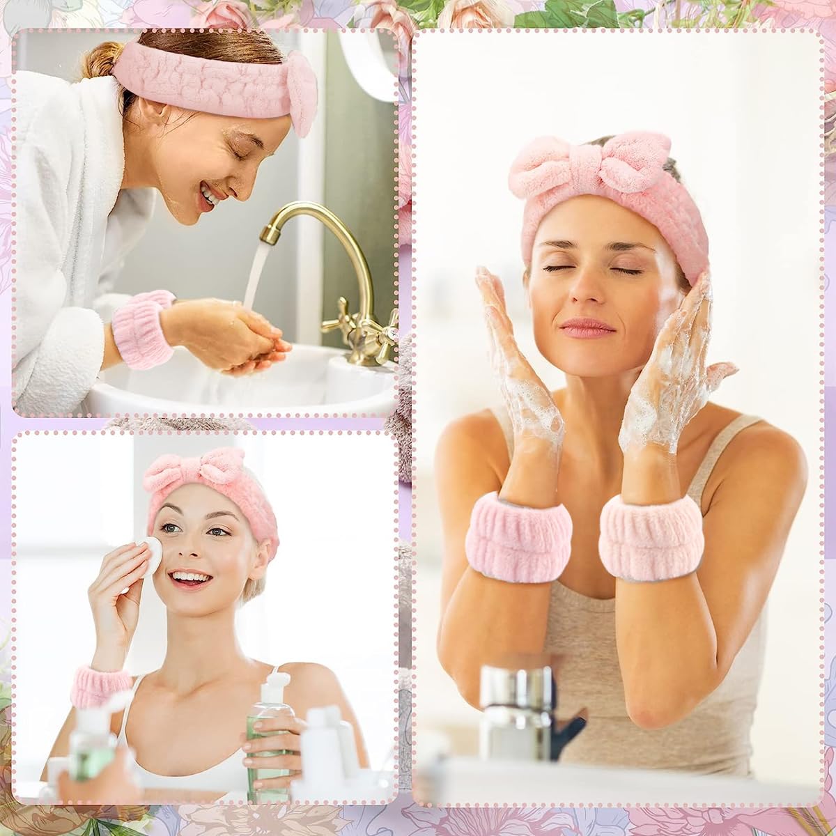 MAYCREATE Face Wash Headband & Wristband Set for Spa and Makeup with Soft Flannel Bow | Pink