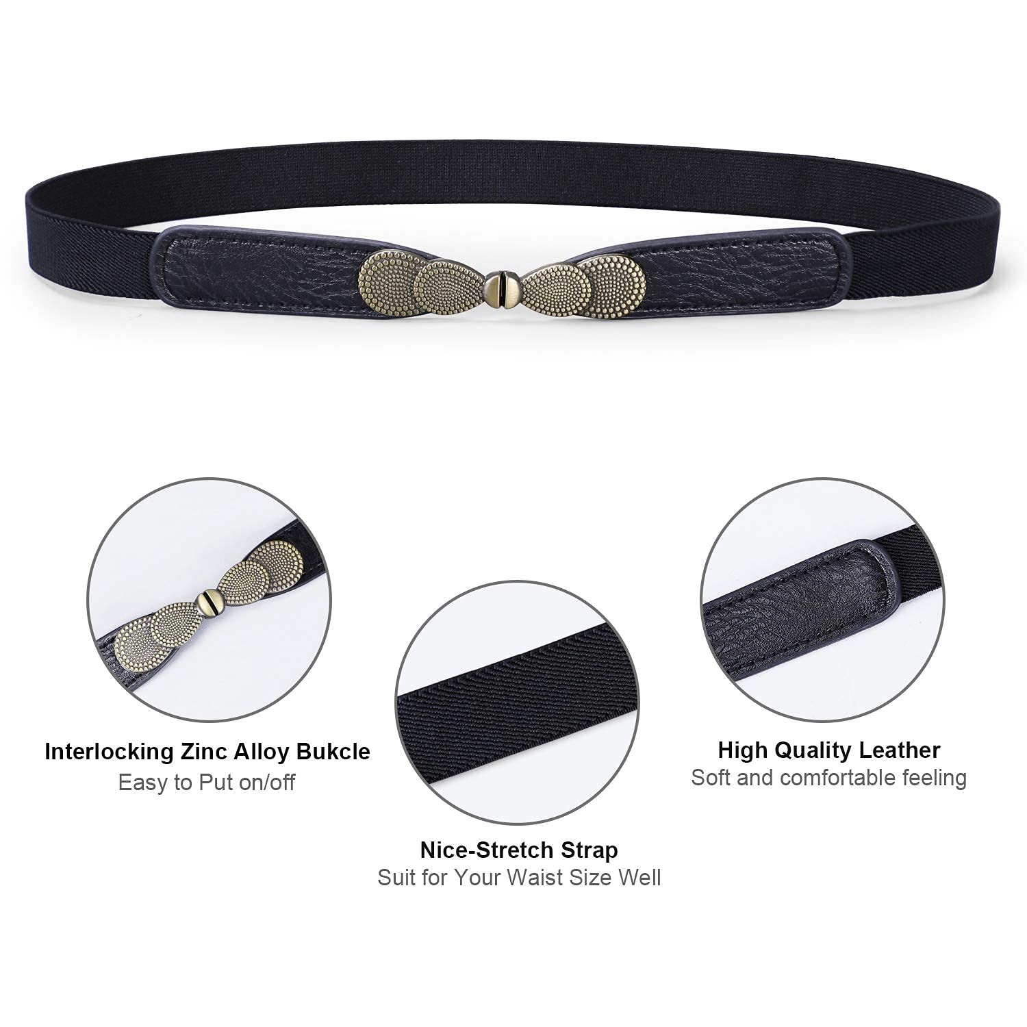 PALAY Women Skinny Elastic Stretch Belt for Dresses featuring Metal Buckles and Faux Leather 2 Pack 65cm | Retro Waist Accessory for Ladies