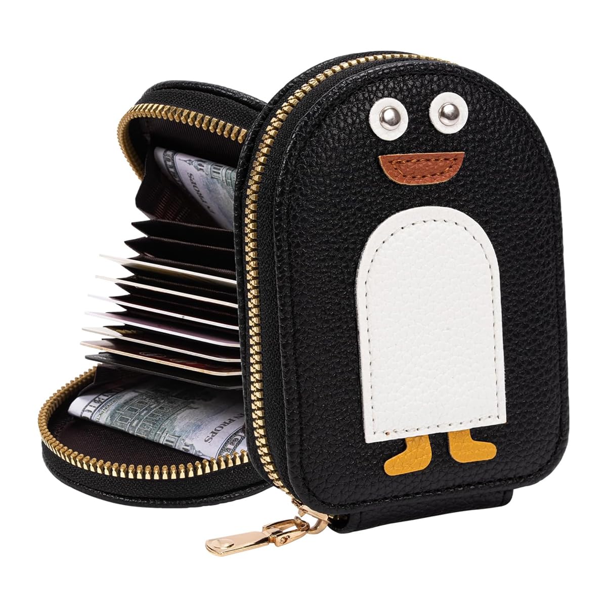 PALAY® Girls Card Bag Travel Card Holder with 10 Compartments Wallet Organizer Bag Zipper Pouch PU Cartoon Penguin Zipper Card Bag RFID Blocking Travel Card Holder