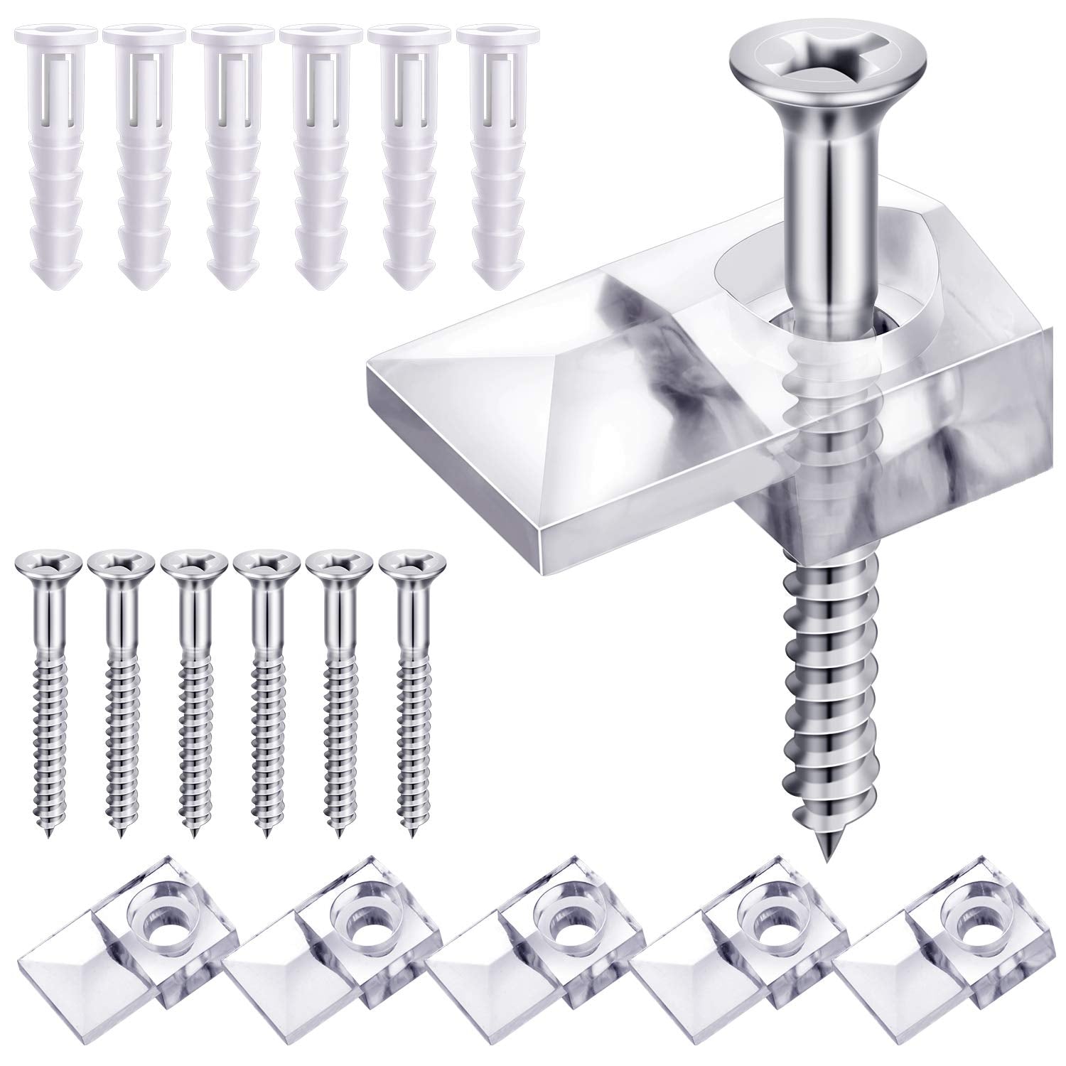 HASTHIP® 8Pcs Mirror Holder Clips for 6 mm in (6/25) Glass Mirror Hanging Kit for Wall Mounting Hanging Retainer Fasteners with Screw and Anchors Fixing Cabinet Door,Transparent