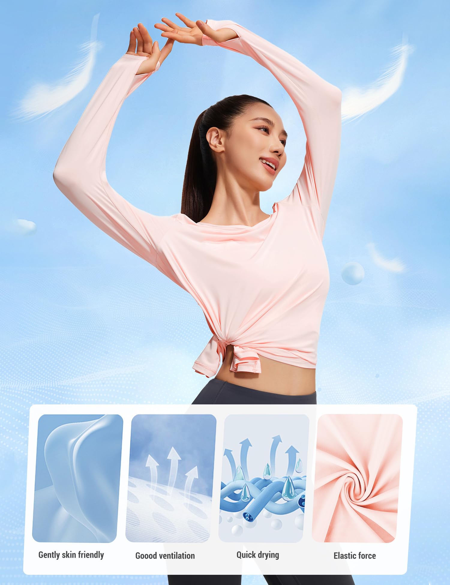 Venzina Women’s Slim Long Sleeve Top for Yoga and Running with UPF50+ and Thumbholes | Light Pink