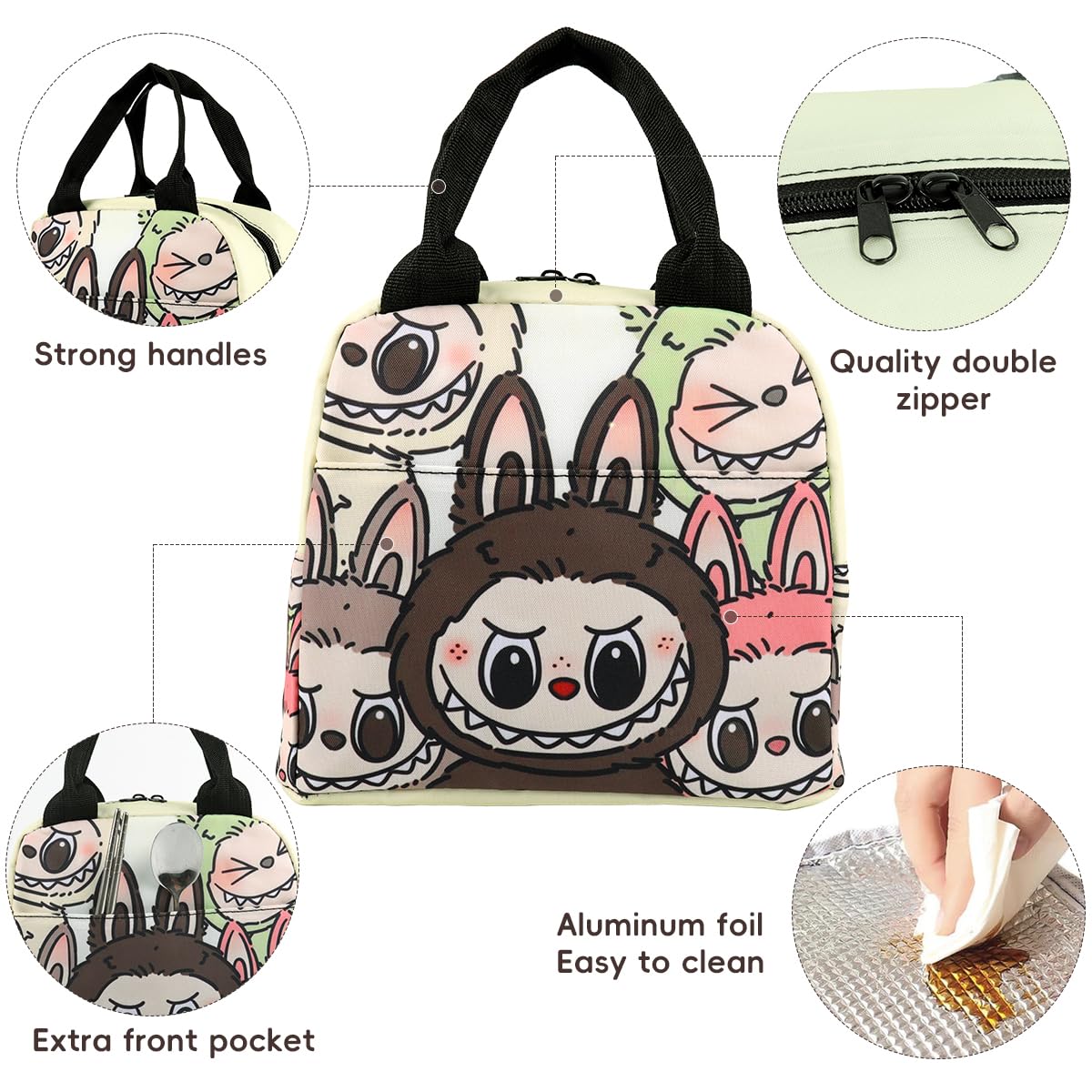 HASTHIP Insulated Lunch Bag for School and Office with Leak Proof Zipper and 23x13x20 cm Storage | Cartoon Design for Kids and Adults