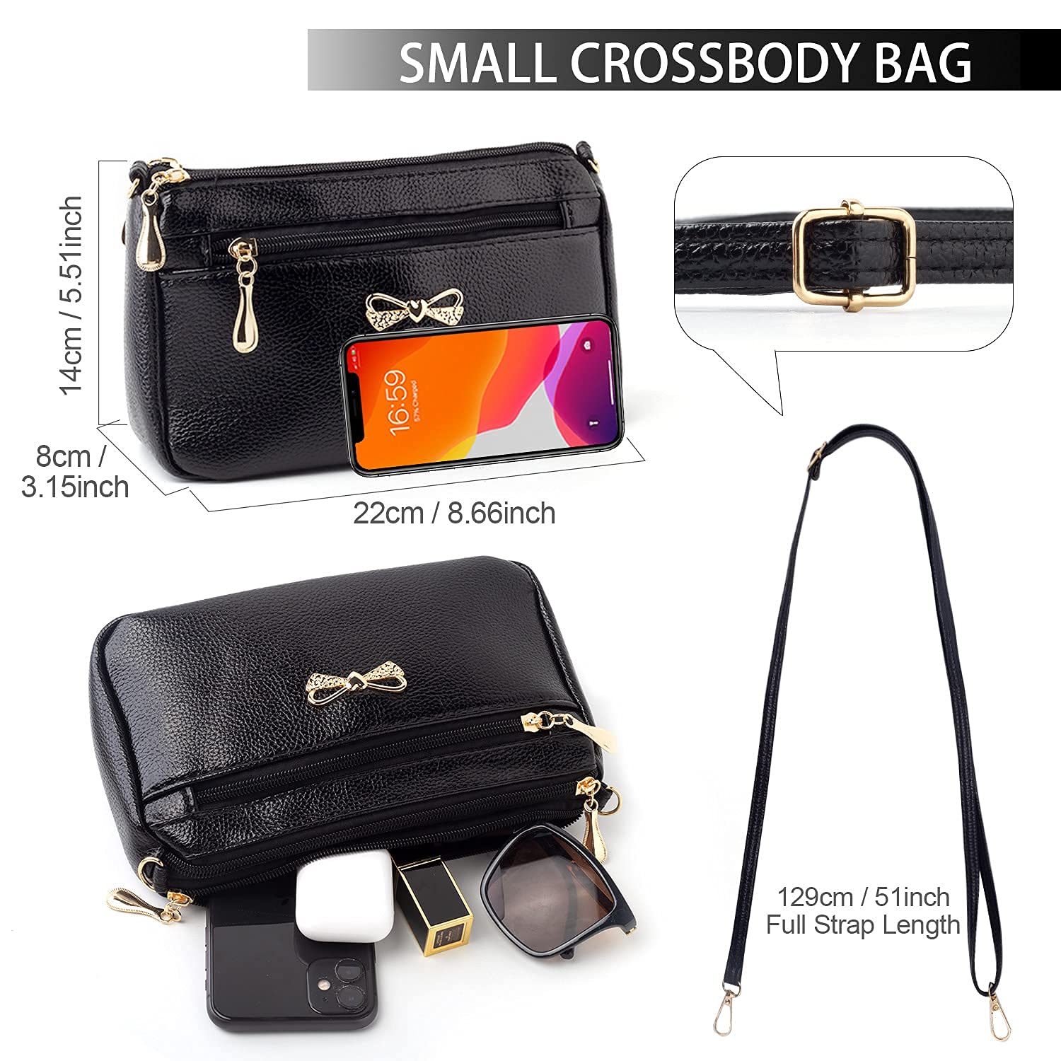 PALAY Small Crossbody Bag for Women with 4 Zipped Compartments 24×14×7cm Soft PU Leather Black