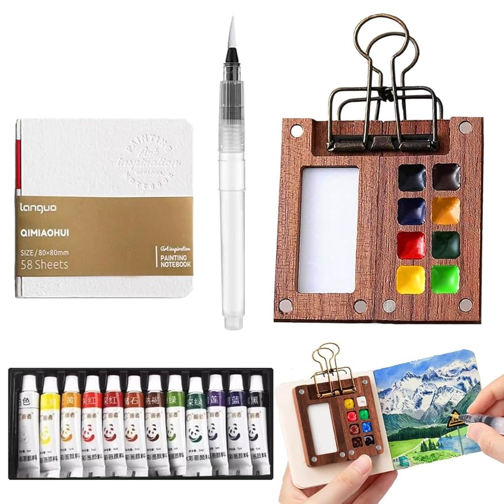 HASTHIP® Pocket Watercolor Acrylic Painting Book 12-Color Acrylic Paints Set with 2.36 inches Mini Acrylic 8-Grid Palette & Brush Pen Travel Sketching Painting Kit Christmas Gift for Kids