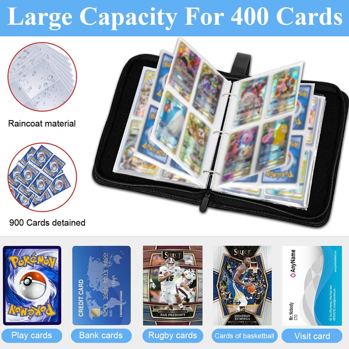 PATPAT Soccer Card Binder for Collectible Cards with 400 Pockets and Zipper Closure | Waterproof PU Cover