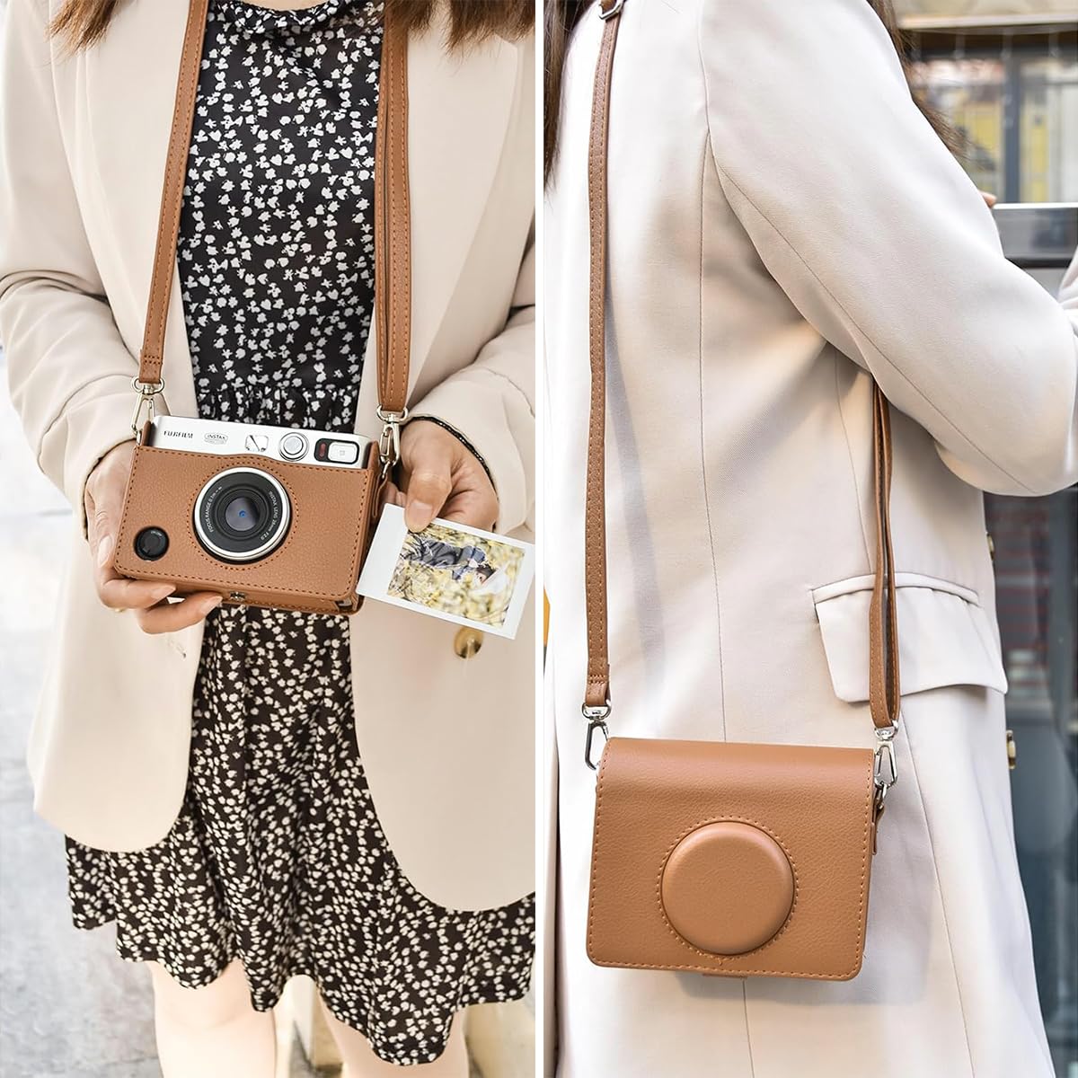 ZORBES PU Case for Fujifilm Mini EVO Camera featuring Precise Fit and Removable Shoulder Belt | Vintage Brown Protective Set of 2