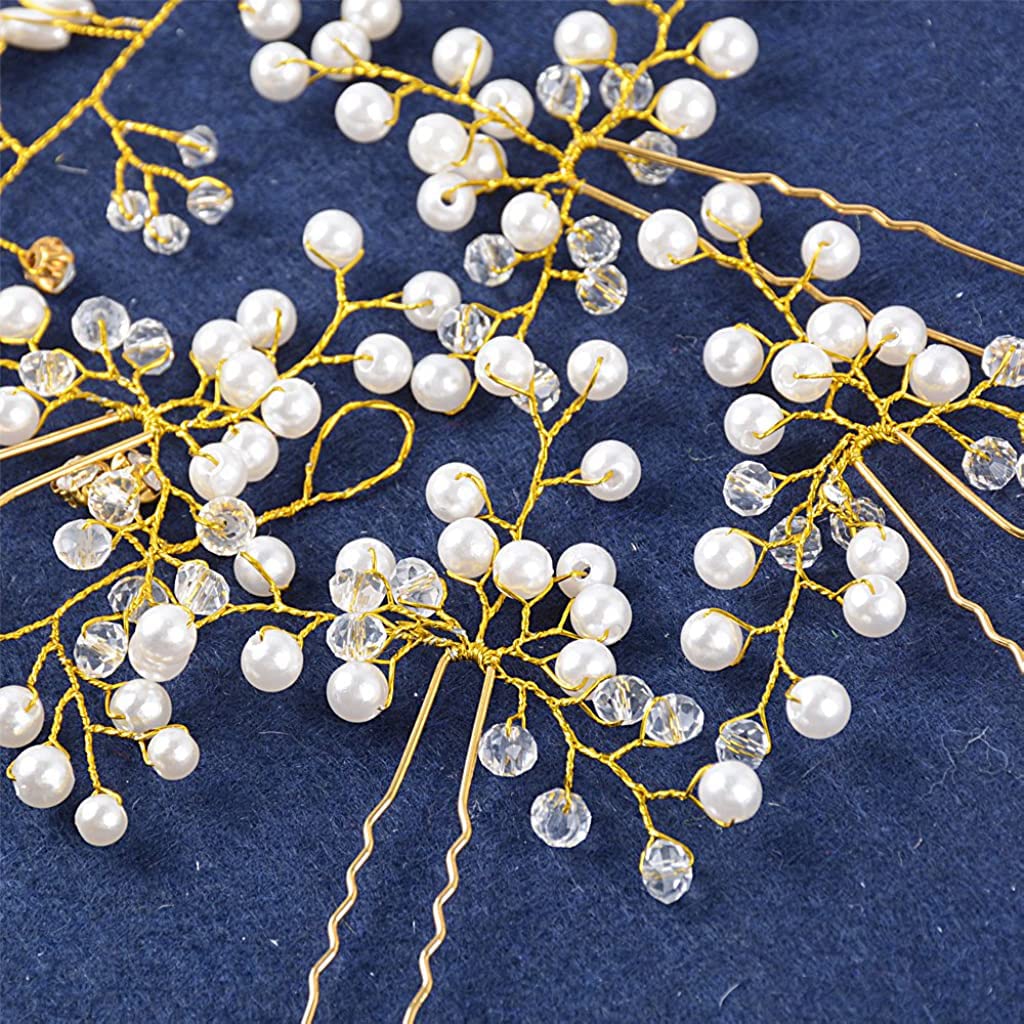 SNOWIE SOFT Bride Hair Pins for Wedding Hairstyles with Pearl and Crystal Design 5pcs Set Gold