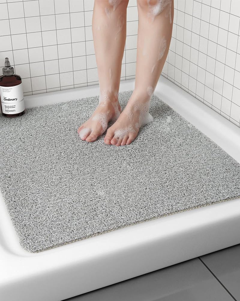 Supvox Shower Mat for Tub and Bathroom featuring Drain Holes and Quick Dry 23.6 x 23.6 in PVC Loofah | Safe Non Slip Bath Mat
