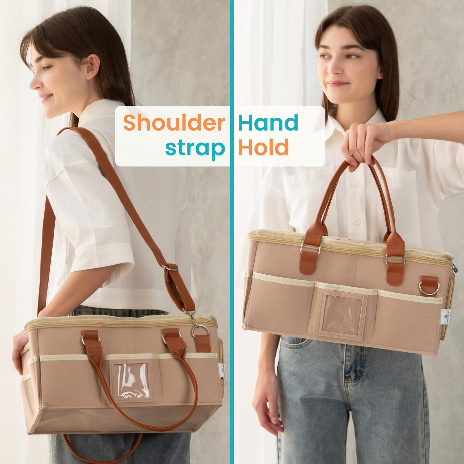 SNOWIE SOFT® Baby Diaper Bag Felt Baby Diaper Caddy Organizer Basket with Handle Multi Compartments Carry All Mommy Bag Newborn Supplies Zip-up Handbag Baby Gift Basket, Khaki