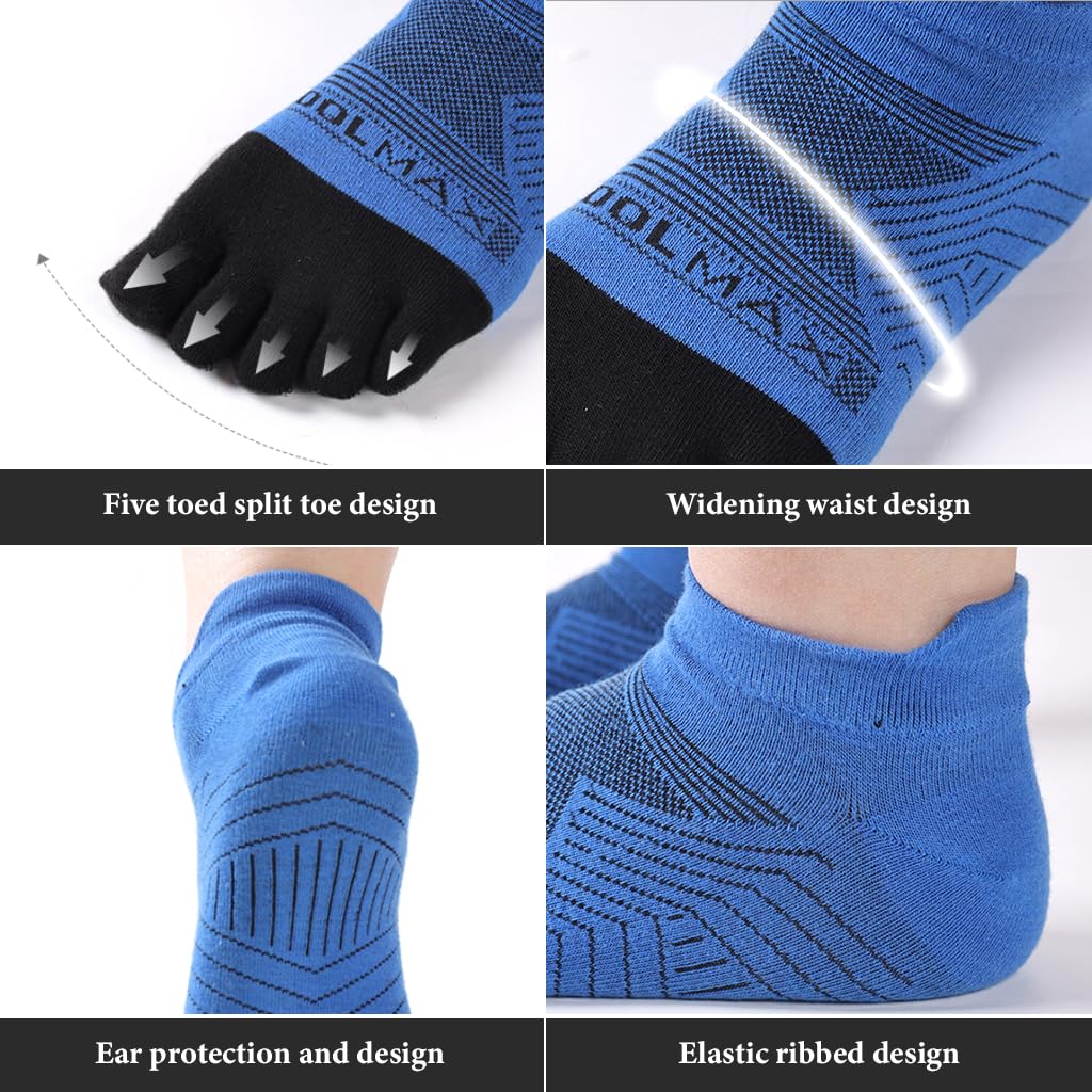 Proberos Five Toe Running Socks for Exercise with Anti Skid Grip Sole and Moisture Wicking Cotton | 3 Pair Blue Ankle Socks for Men