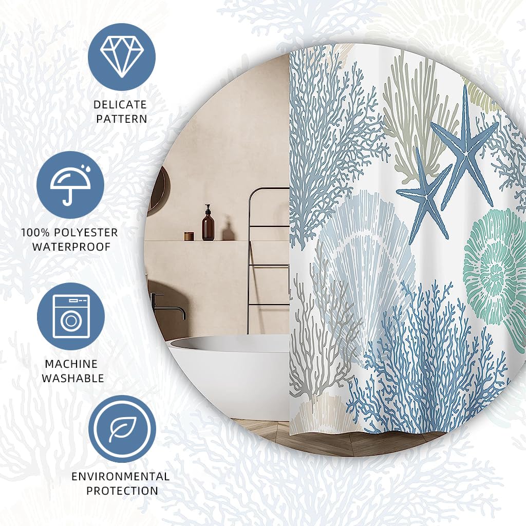 HASTHIP Shower Curtain for Bathroom 180×180 cm with Weighted Hem and 12 Hooks | Ocean Coral Design