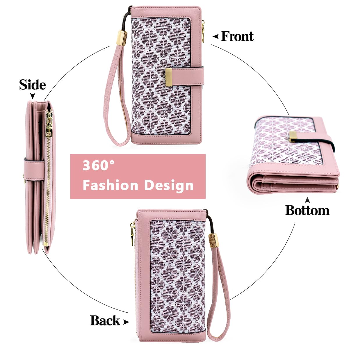 PALAY® Women Purse PU Leather Long Wallet for Women RFID Card Bag Four Leaf Clover Embossing Fashion Women Wallet Cluntch Bag Gift for Women (Pink)