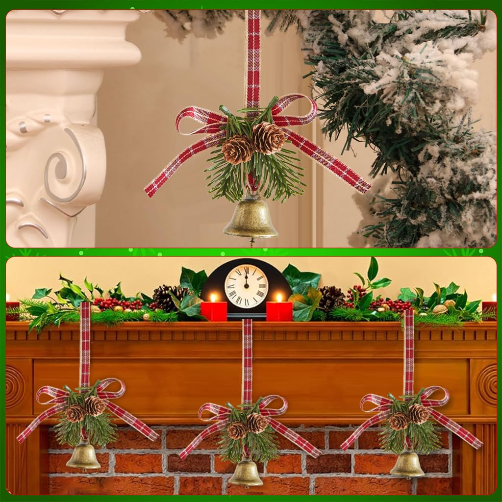 HASTHIP Christmas Jingle Bells for Tree Decoration featuring Ribbon Bow and Pine Cone | Crimson Holiday Ornament