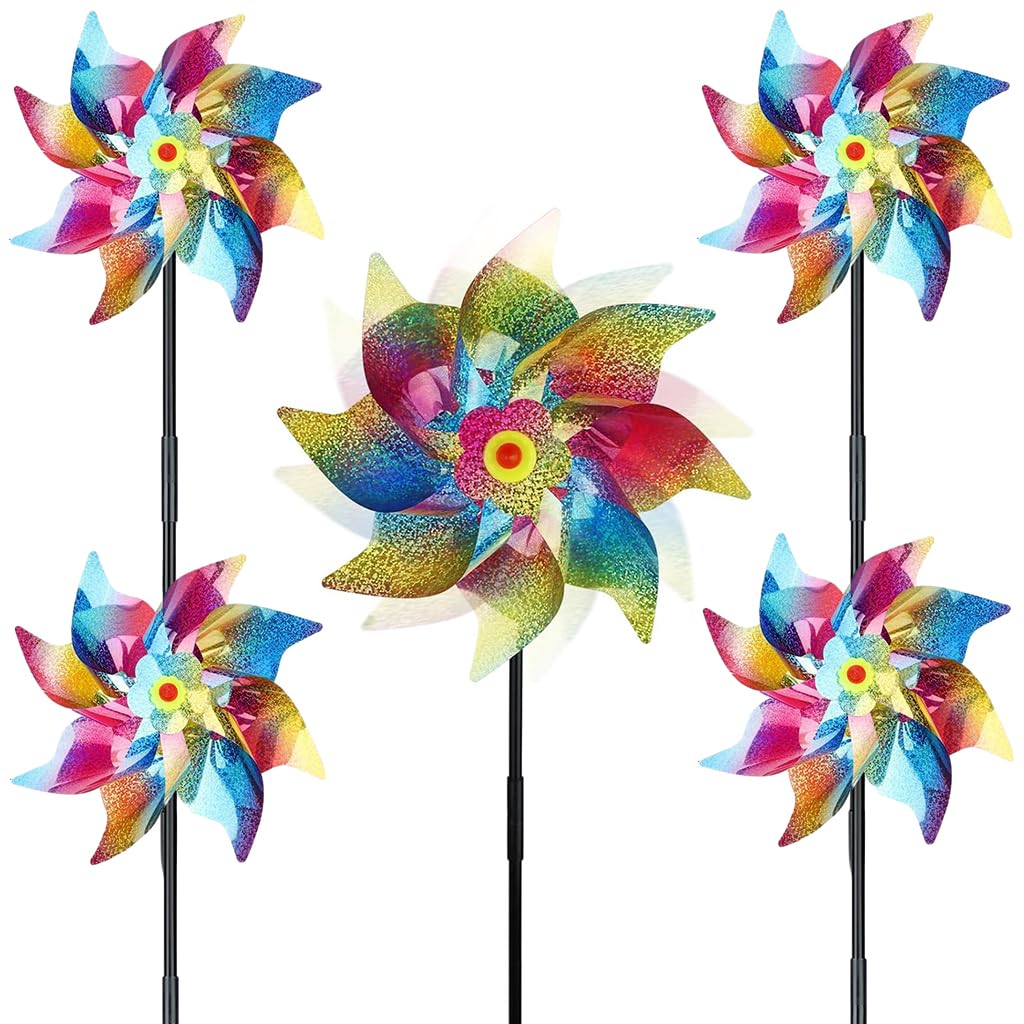 HASTHIP® 5Pcs Bird Repellent for Balcony, Colorful Reflective Pinwheels Pigeon Scarer, Ornamental 8-blade Windmill Anti Bird Device for Roof Edge, Fence, Garden Yard Lawn