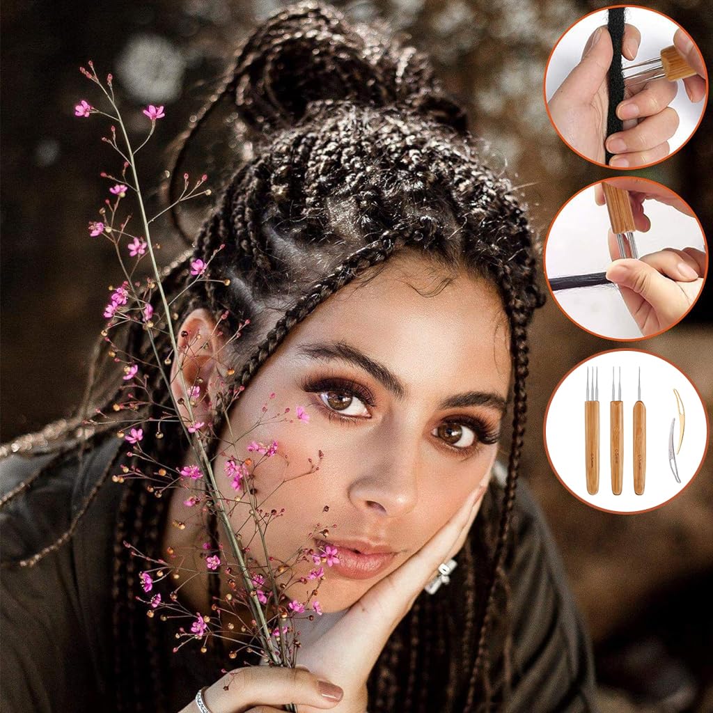 HASTHIP Dreadlock Crochet Hook Set for Hairstyling with 13.8cm Needles and Bamboo Handle