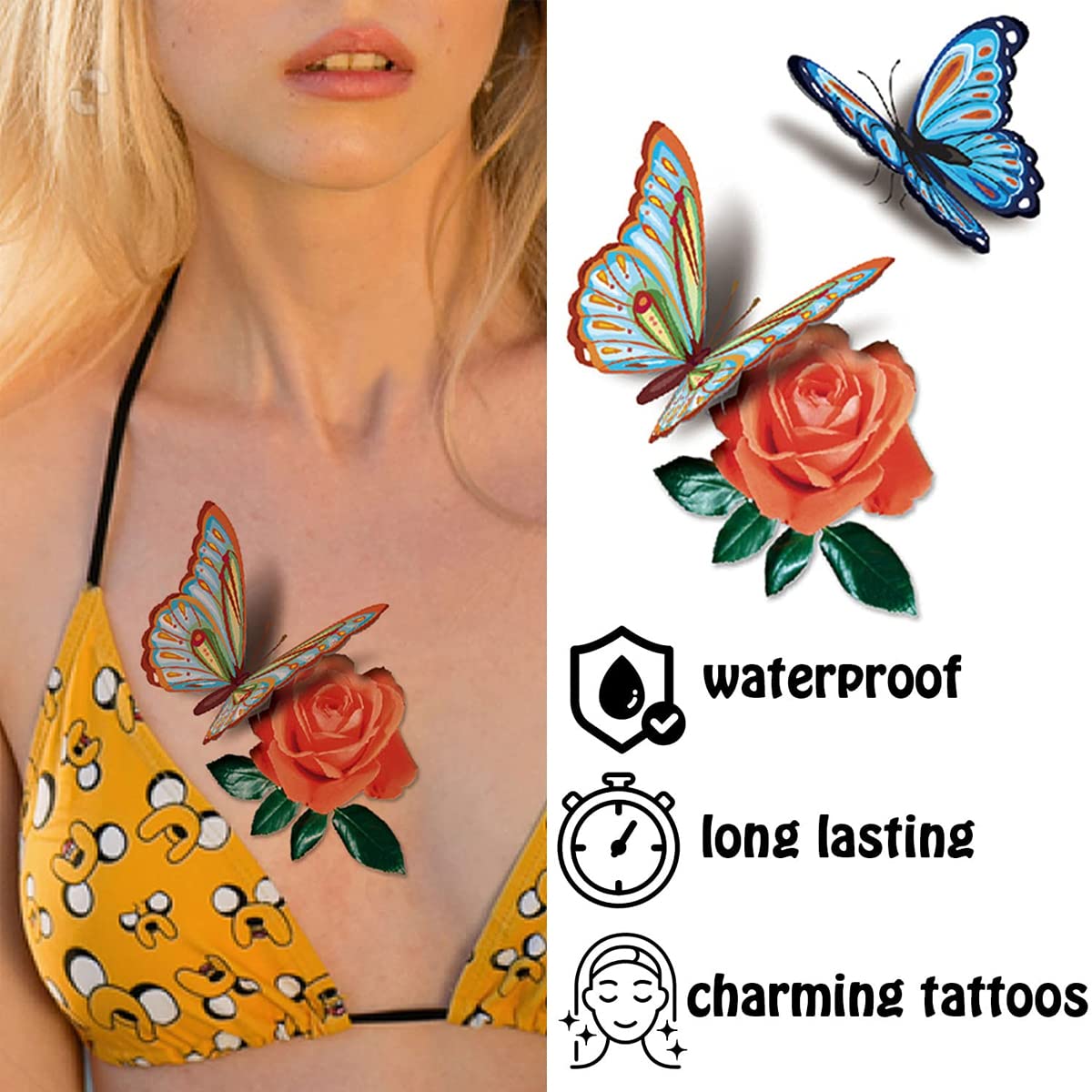 MAYCREATE Temporary Tattoo Stickers for Body Art with 40 Sheets Waterproof Designs | Floral Roses & Butterflies for Women