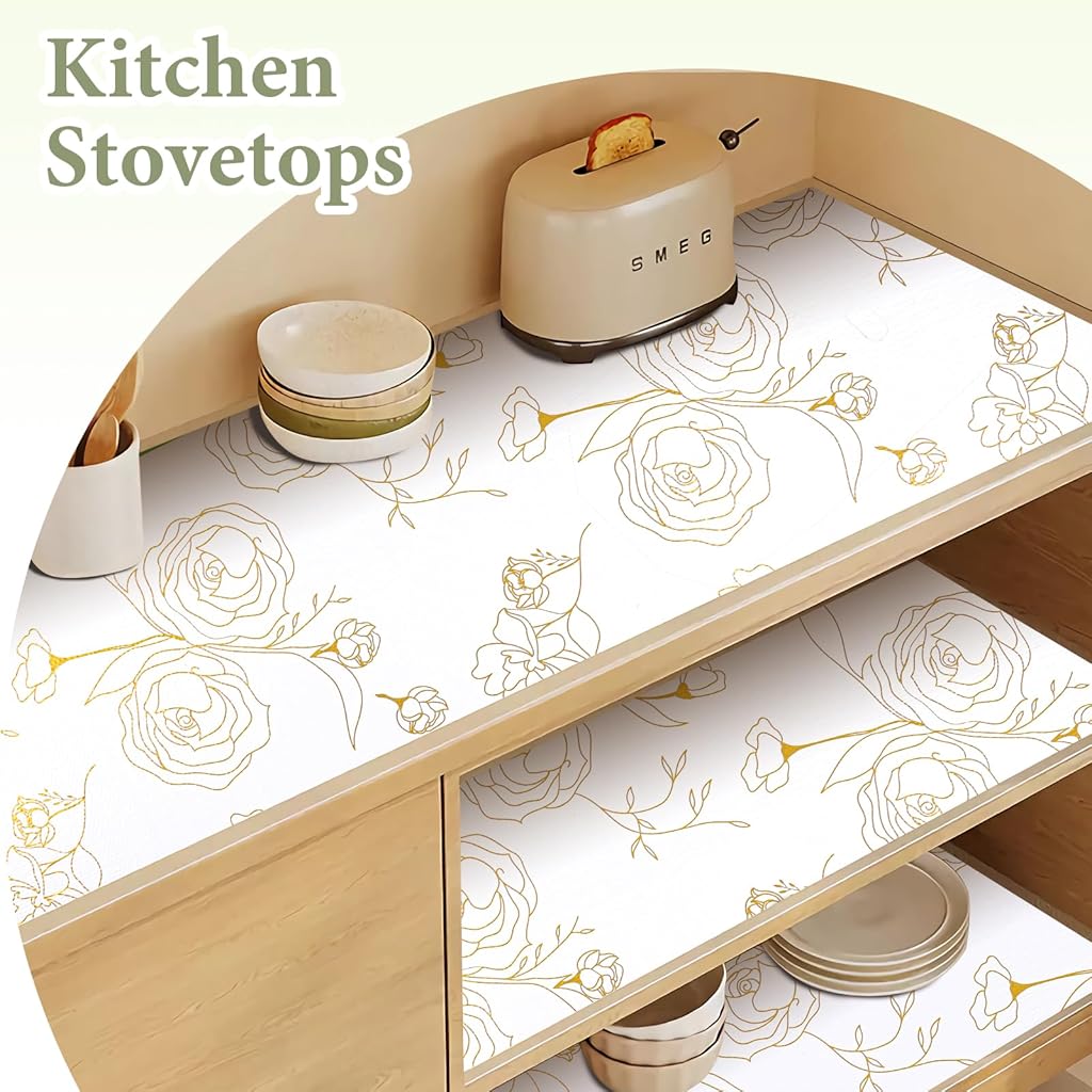 HASTHIP® 45cm x 300cm Non Adhesive Drawer Liner Gold Floral Thickened Shelf Liner Paper Strong Non-Slip Easy to Clean for Tool Box Refrigerator with Small (Random)