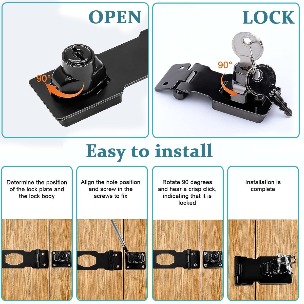 HASTHIP Door Lock Set for Drawers and Cupboards with Key Locking Hasp 80x32mm | Black Stainless Steel Security Latch