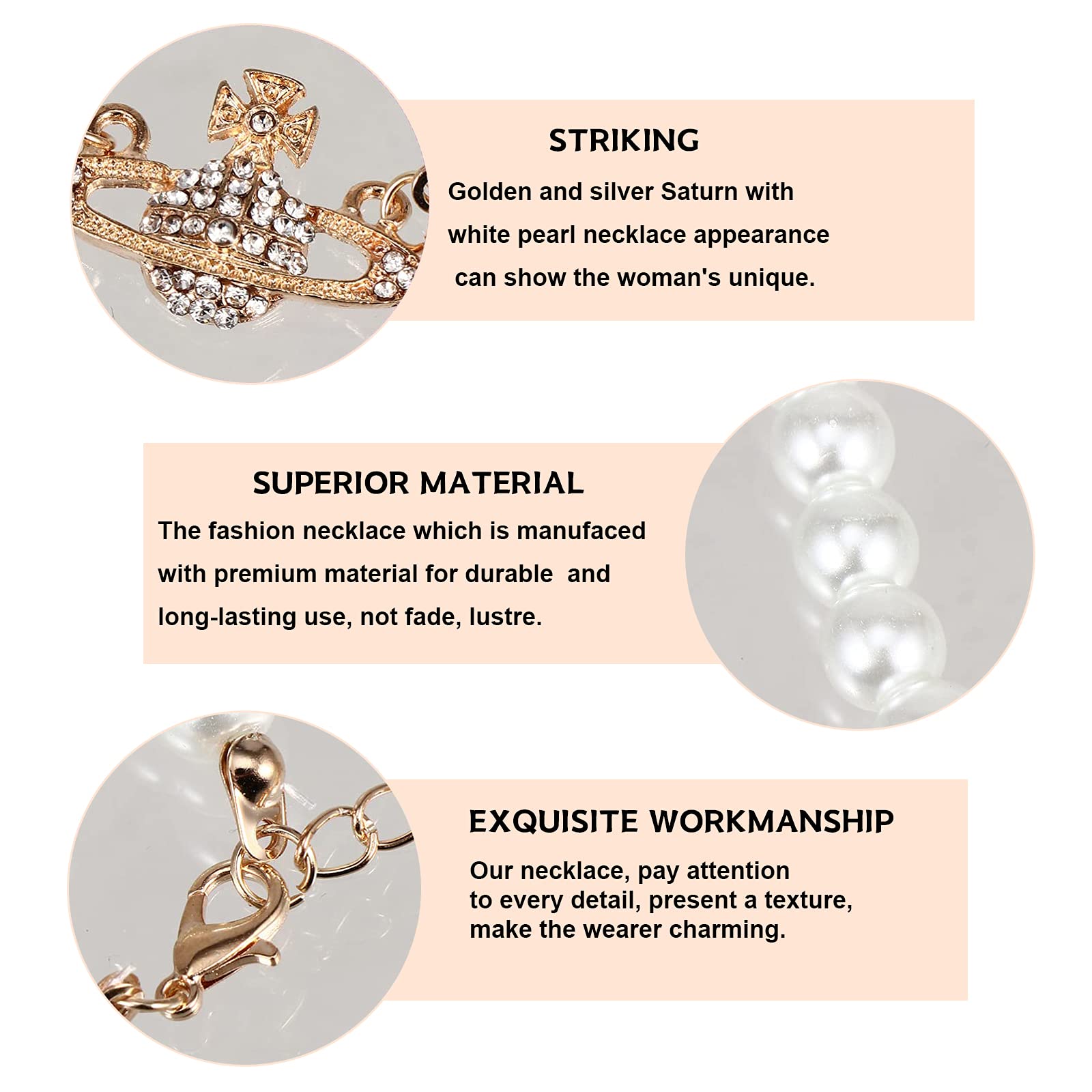 SANNIDHI Pearl Necklace for Women featuring Rhinestone Saturn Design 15.7+2.7 in Adjustable Chain | 2 Pcs White Choker Set