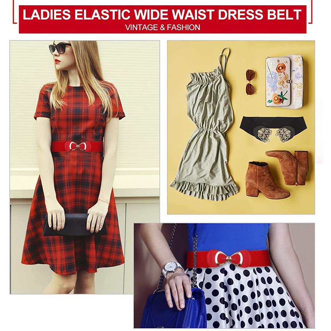 Zibuyu Waist Belt for Dresses with 2.3 in Width and Interlocking Bowknot Buckle | Red Elastic Style