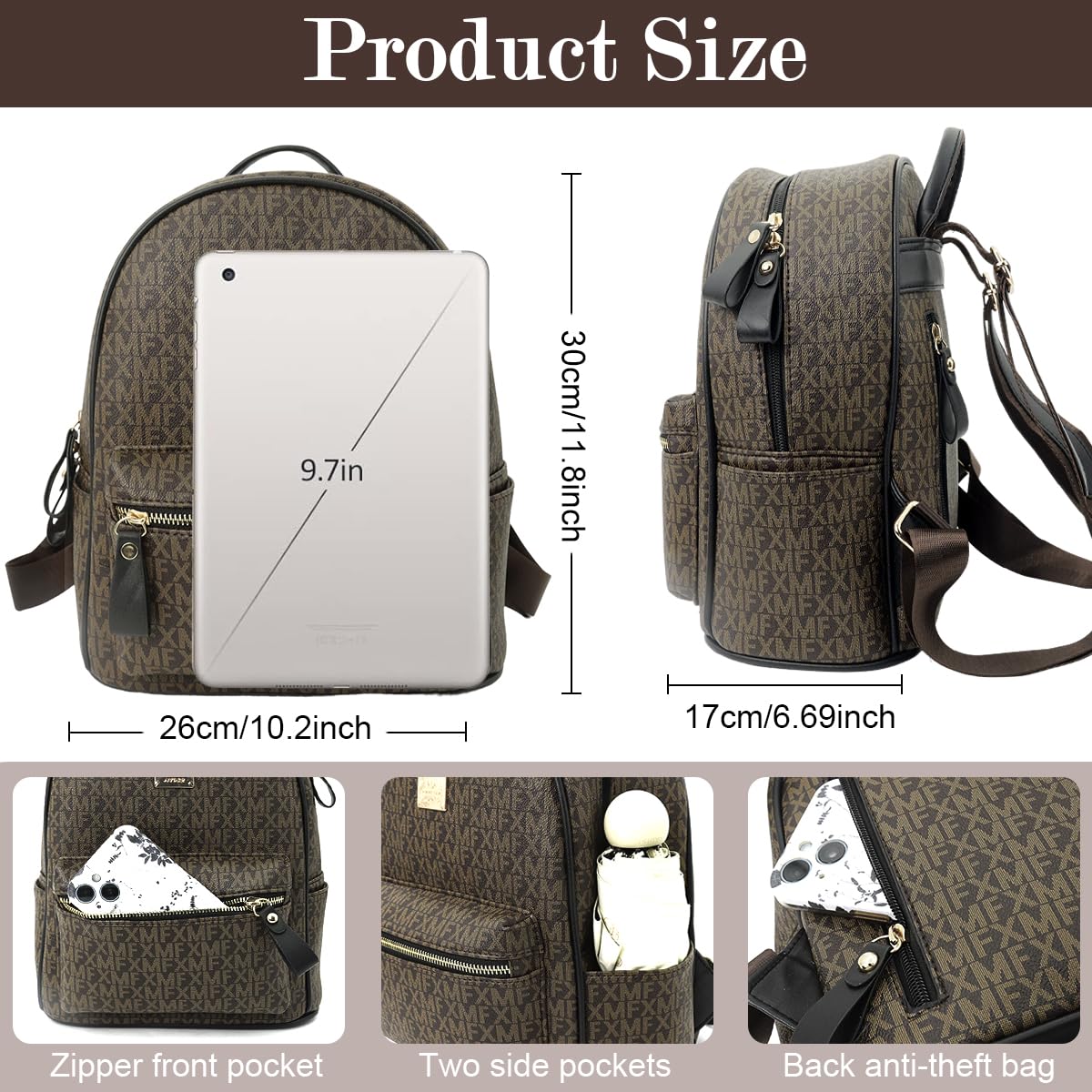 PALAY Fashion PU Backpack for Women Vintage Brown Printed Small Backpack with Handle Casual Day Bag Travel Backpack Lightweight Travel Backpack Gift for Women