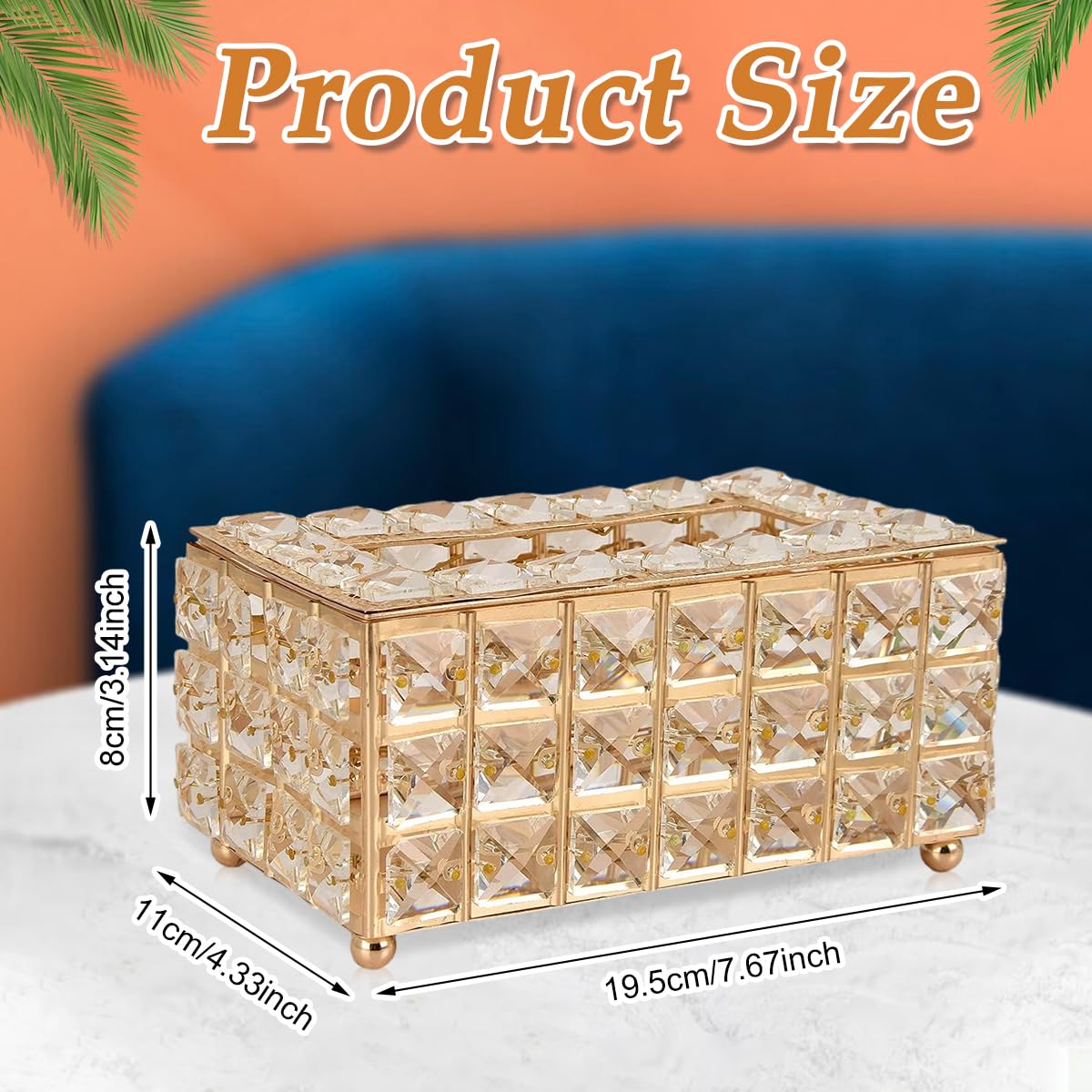 HASTHIP Tissue Box Holder for Home and Car with Crystal Glass Beads 7.4x4.3x3.9 in | Elegant Gold Finish