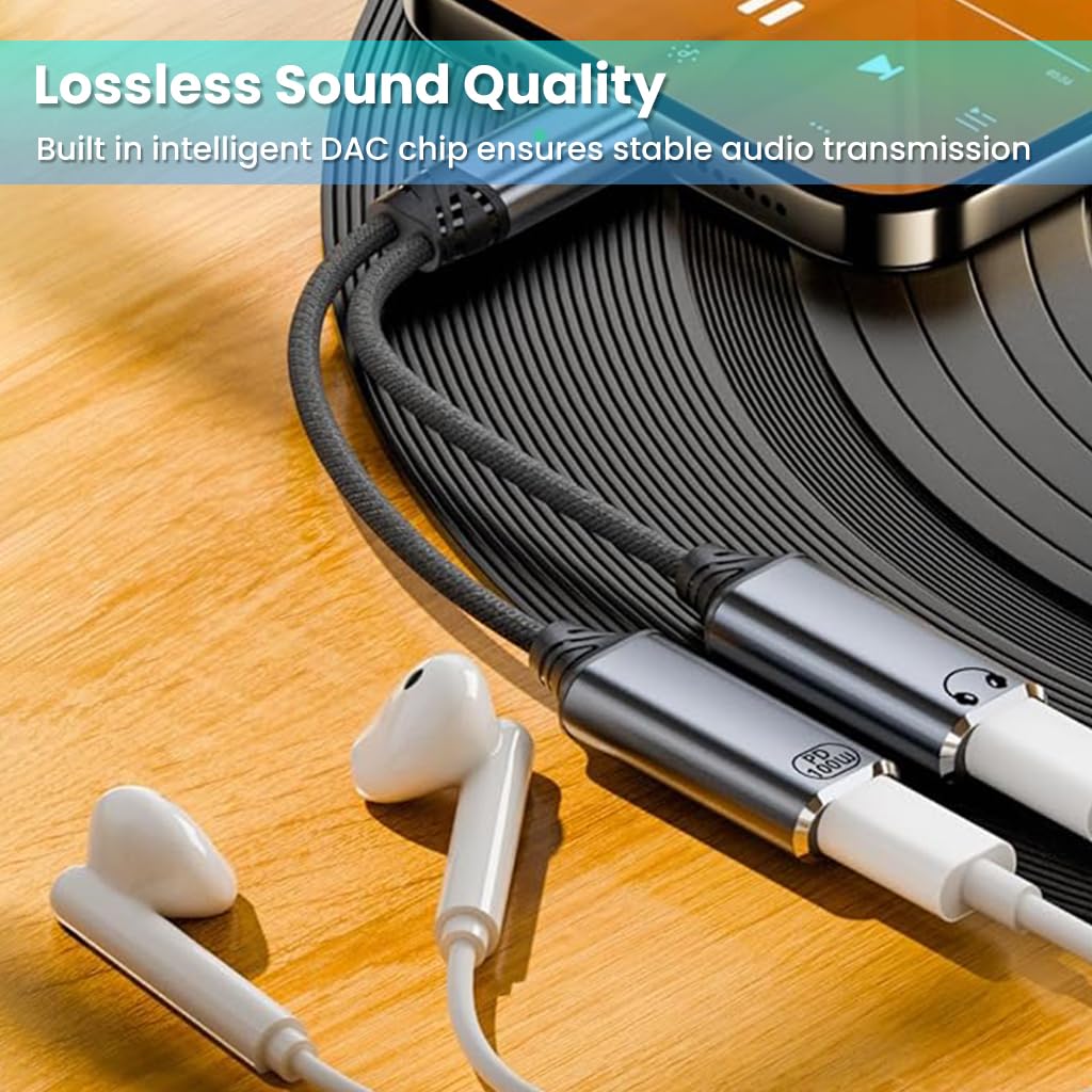 Verilux USB C to 3.5mm Audio Adapter with 60W PD Fast Charge and Smart DAC Chip | Aluminum Alloy