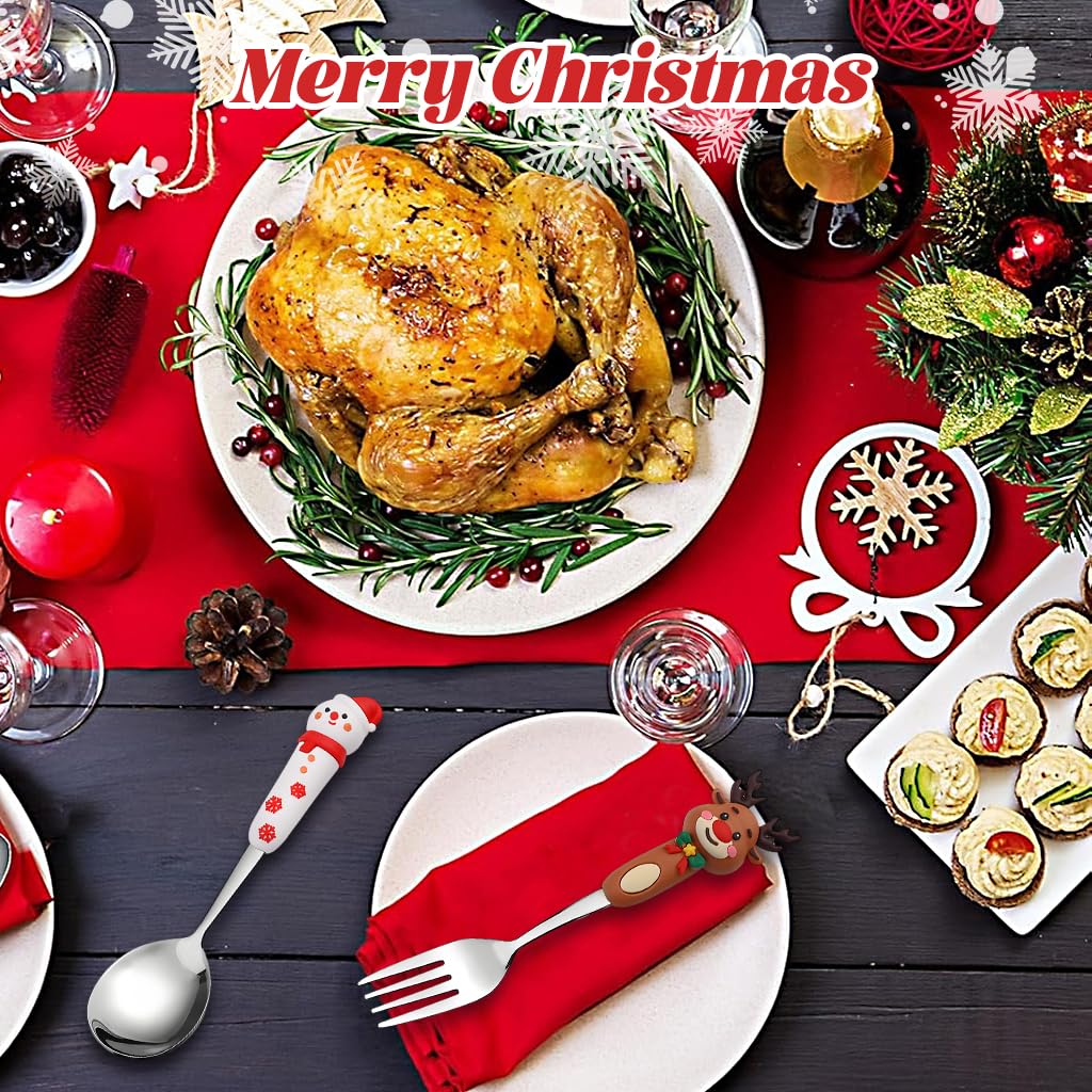 HASTHIP Christmas Spoon and Fork Set 2PCS for Holiday Dining with Elk and Snowman Toppers | Stainless Steel Silver Flatware Gift Box