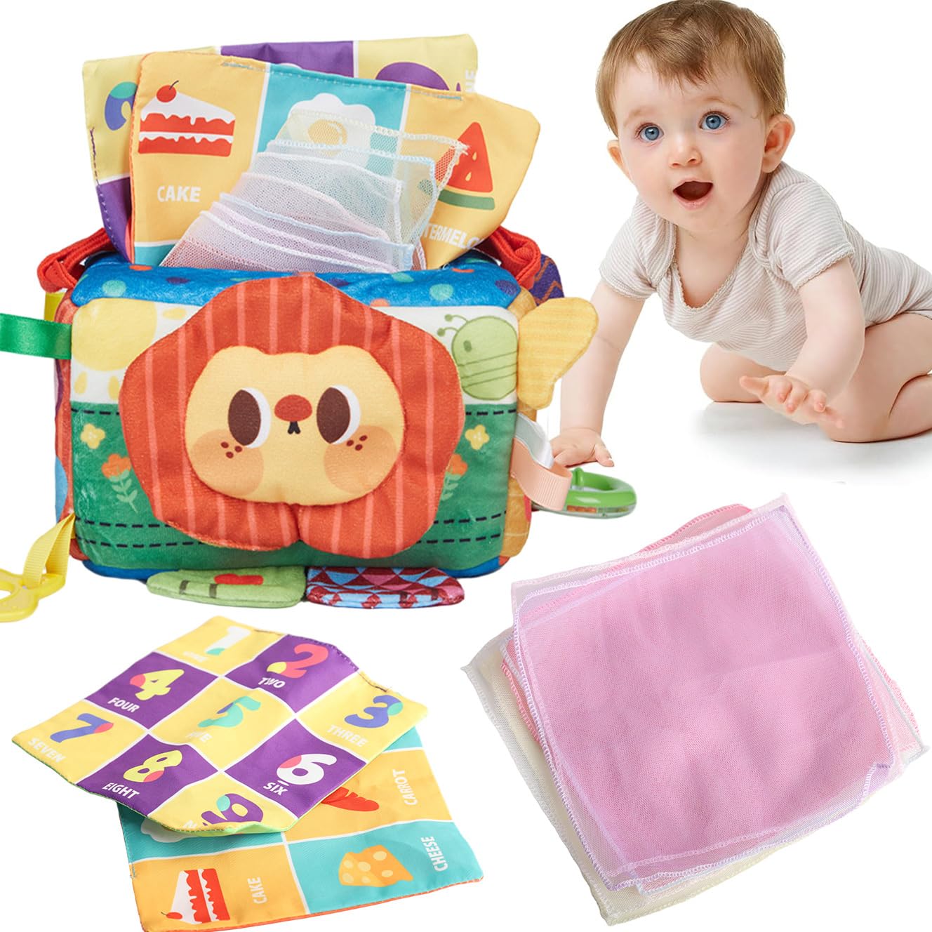 SNOWIE SOFT Soft Tissue Box Baby Toy with 6 Crinkle Tissues and Mirror | Montessori Sensory Play