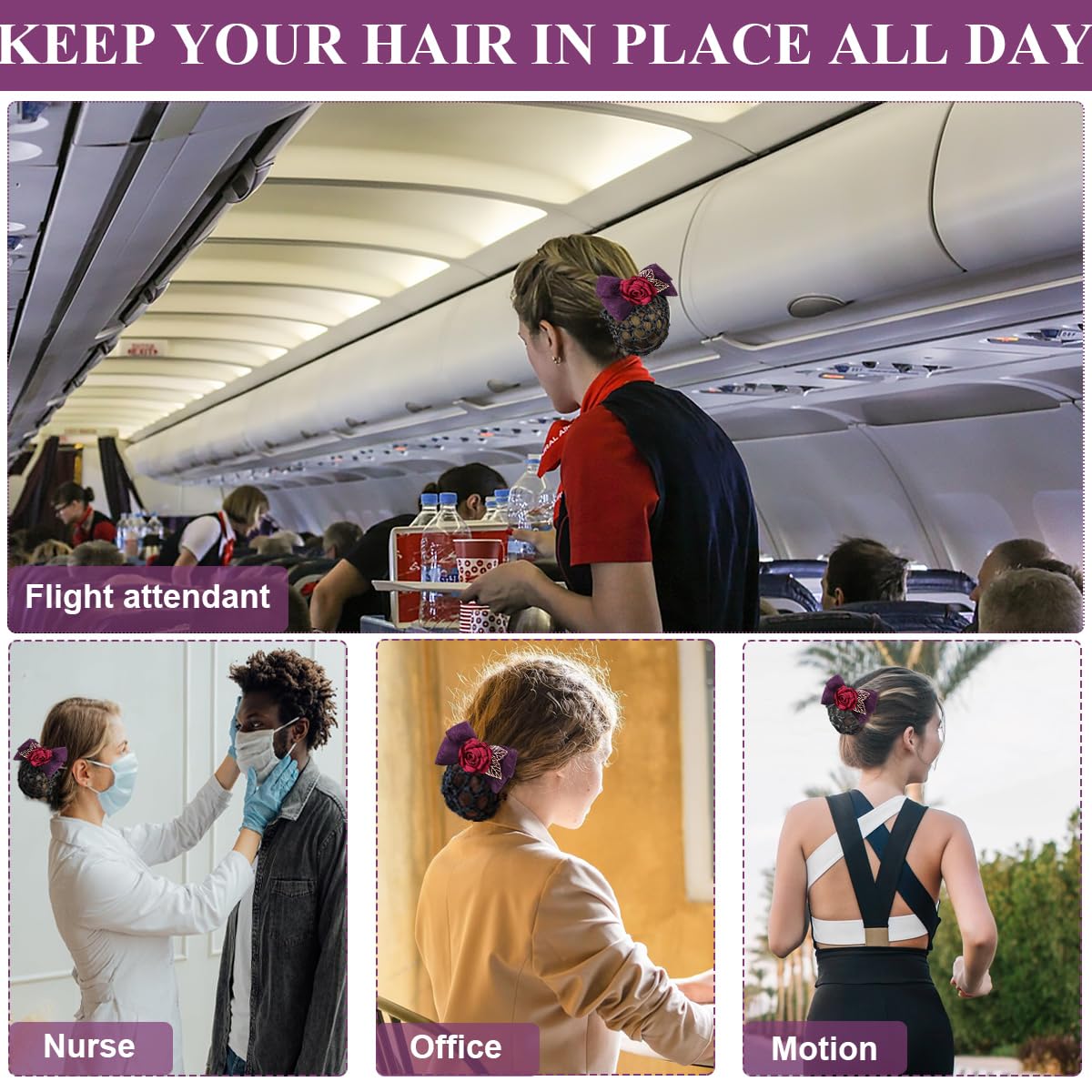 MAYCREATE Hair Bun Net for Women with Floral Rose Bowknot Clip | 2 PCS Mesh Snood Accessory