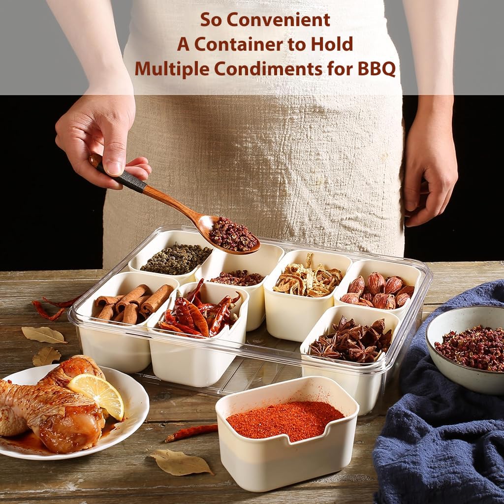 Supvox Kitchen Seasoning Powder Box Divided 8 Compartments Storage Box with Lid & Handle Transparent Seasoning Storage Box Food Grade PP Seasoning Powder Box Moisture-Proof Kitchen Storage Box