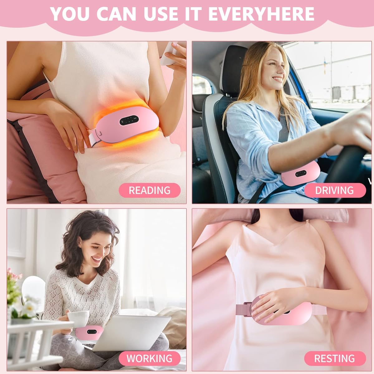 HANNEA Electric Cordless Heating Pad for Period and Back Pain with 4 Heat Levels | 4 Vibration Modes and 30mins Auto Off