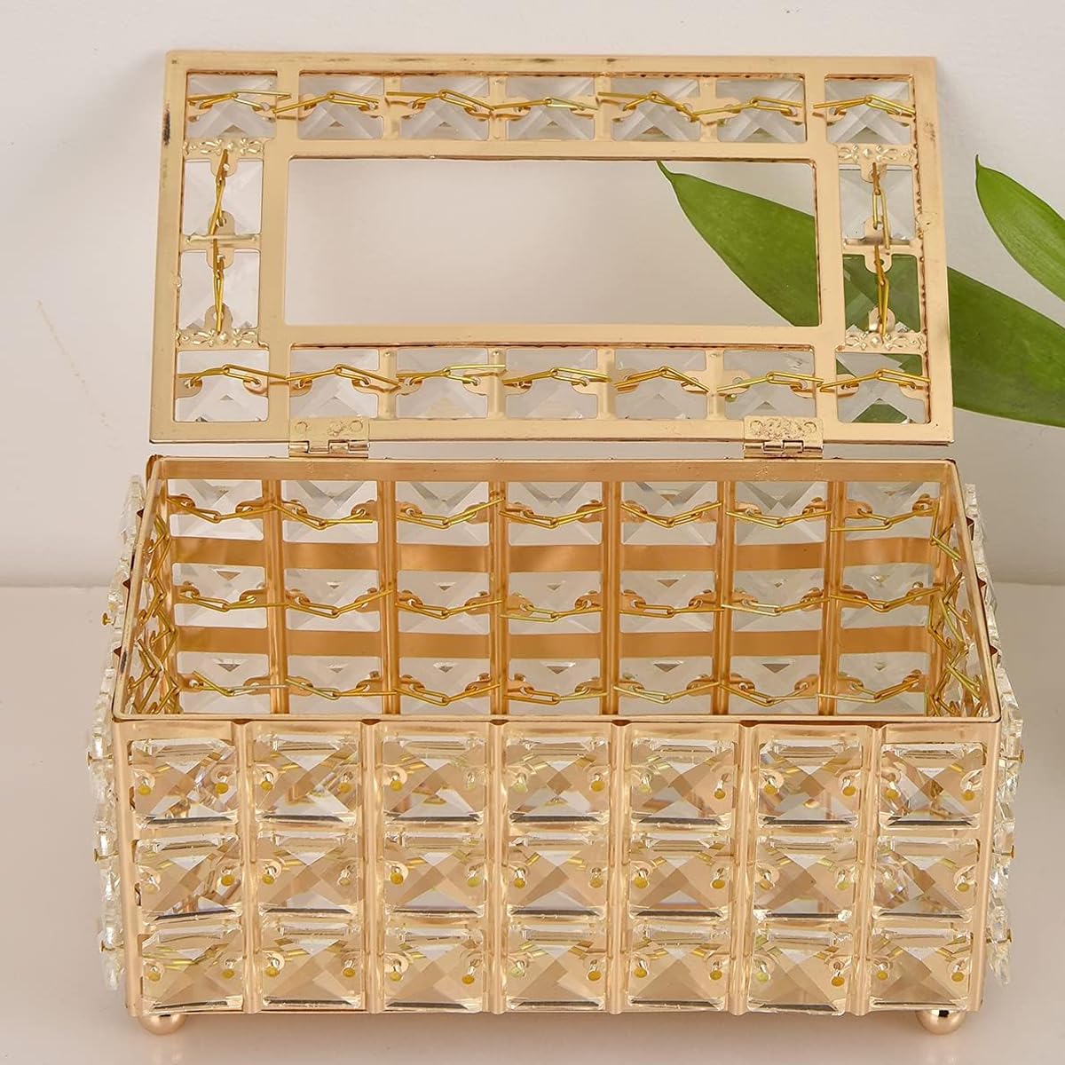 HASTHIP Tissue Box Holder for Home and Car with Crystal Glass Beads 7.4x4.3x3.9 in | Elegant Gold Finish