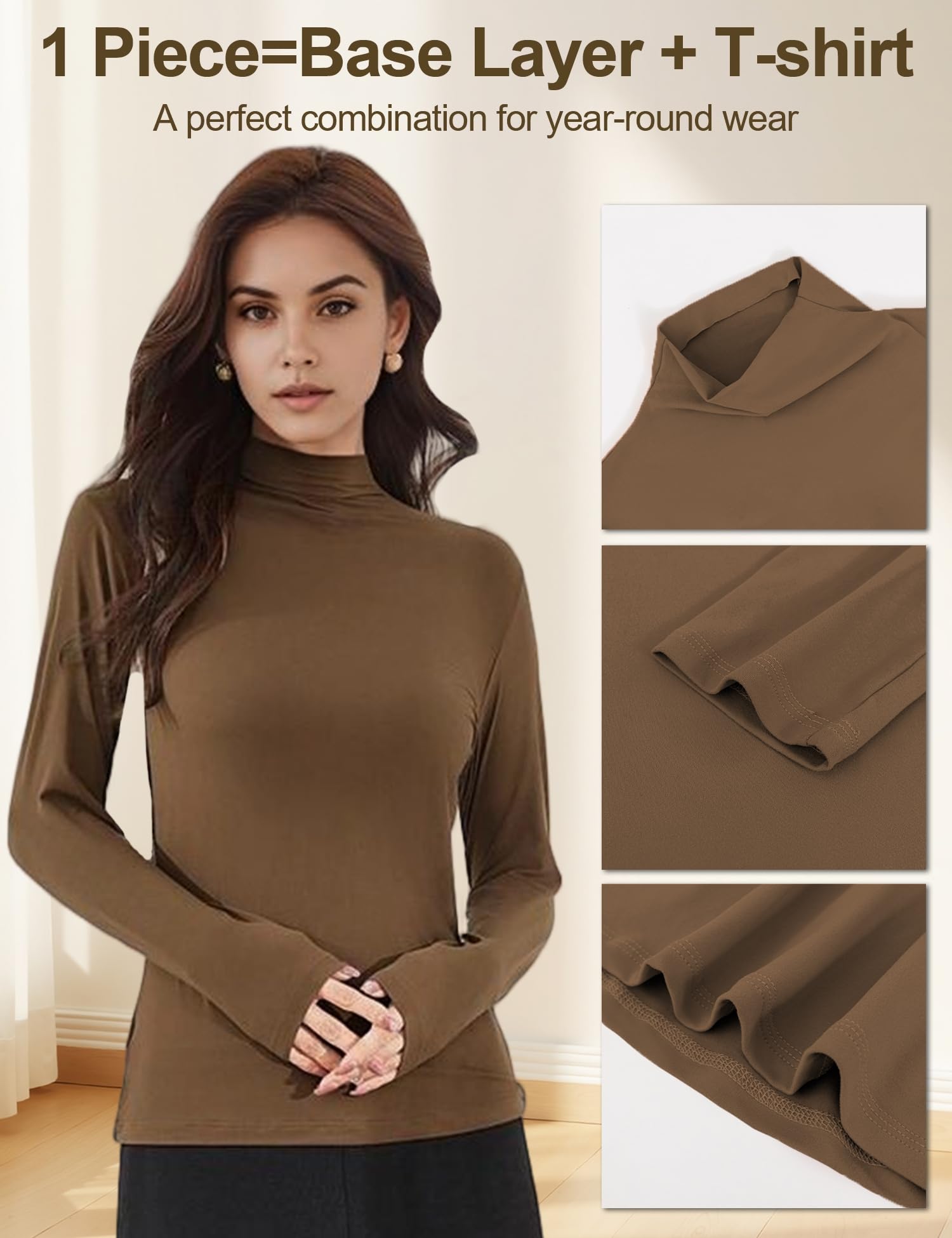 Venzina Women's Long Sleeve Mock Neck Top for Fall and Winter Layering | Soft Stretch Tee