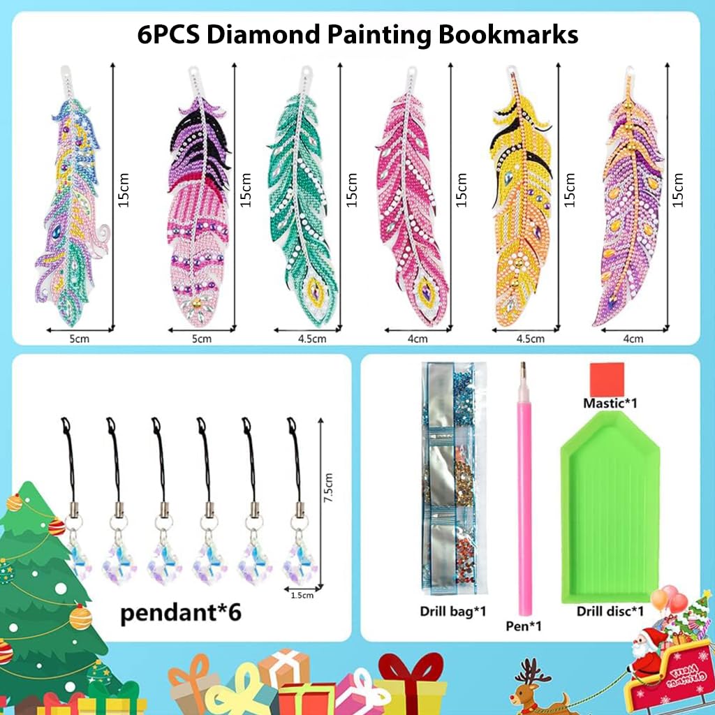 Climberty Diamond Painting Bookmarks Kit 6pcs for DIY Feather Art with Crystal Pendants | Fun Gift for Adults and Kids