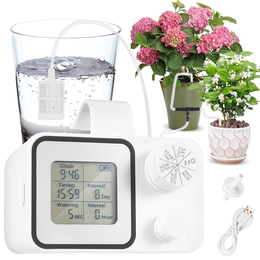 HASTHIP® Automatic Slow Drip Irrigation Timer Programmable Auto Watering Device with LCD Display, 10m PVC Tubing, Tee Connectors, Drippers, USB Cordless Rechargeable Self Watering Timer Machine