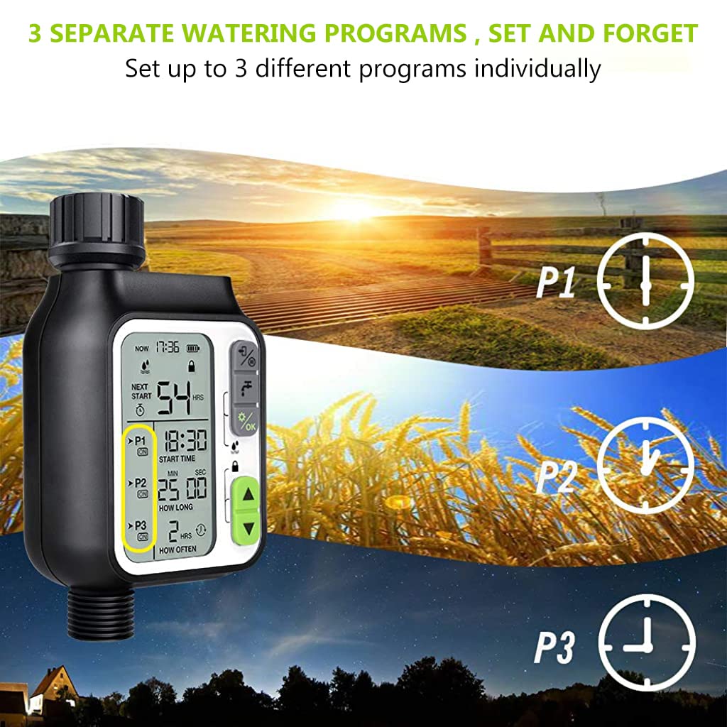 HASTHIP Drip Irrigation Timer for Garden Farm, Irrigation Water Timer with Rainy Sensor + Multi Programs Automatic Watering System, Waterproof Digital Irrigation Timer System for Lawns