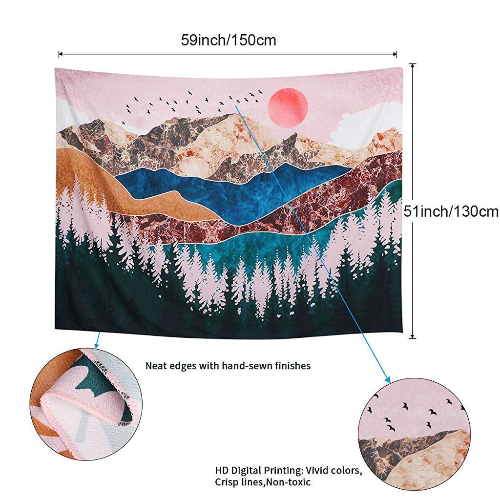 HASTHIP® Sunset Forest Tree Mountain Tapestry Wall Hanging Psychedelic Nature Landscape Art Bed Cover for Bedroom 51X59inches 3 PCS