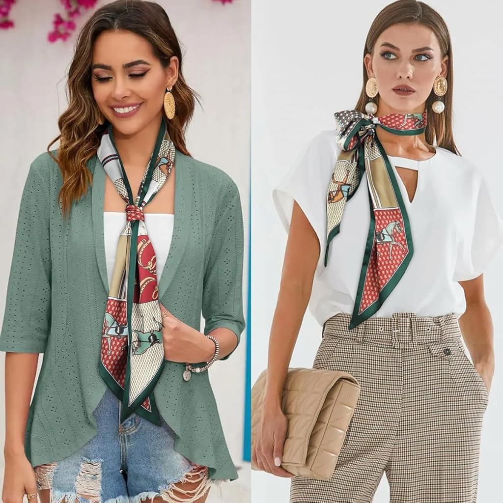 PALAY® Women’s Silk Scarf Combo – Floral & Horse Printed Long Narrow Satin Scarves for Suits, Blazers, Shirts, Bags, Hair, Gift, Neckerchief, 59