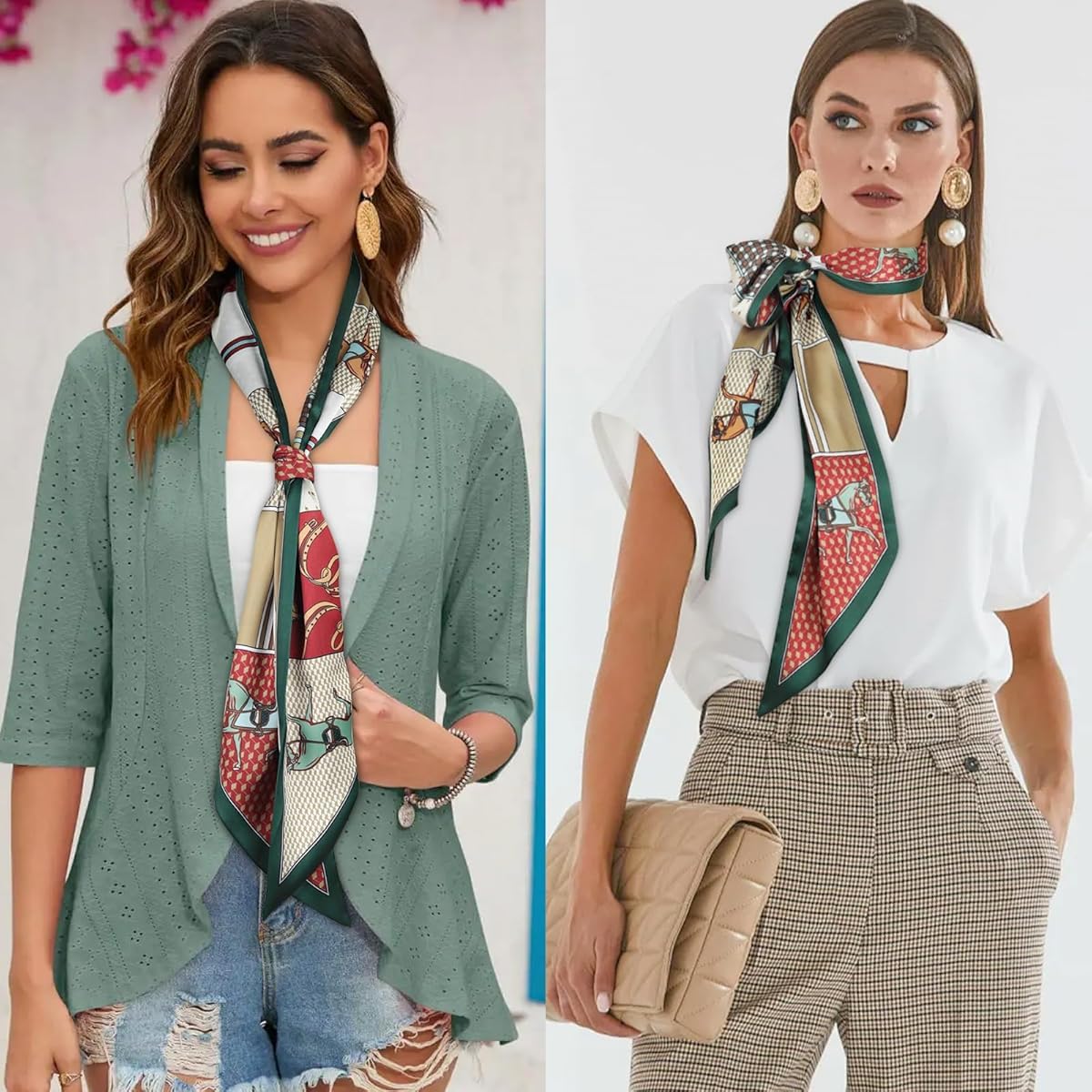 PALAY Silk Neck Scarf for Women with Narrow 59x5.3 in Design and Smooth Dacron Texture | Elegant Print for Suits and Blazers