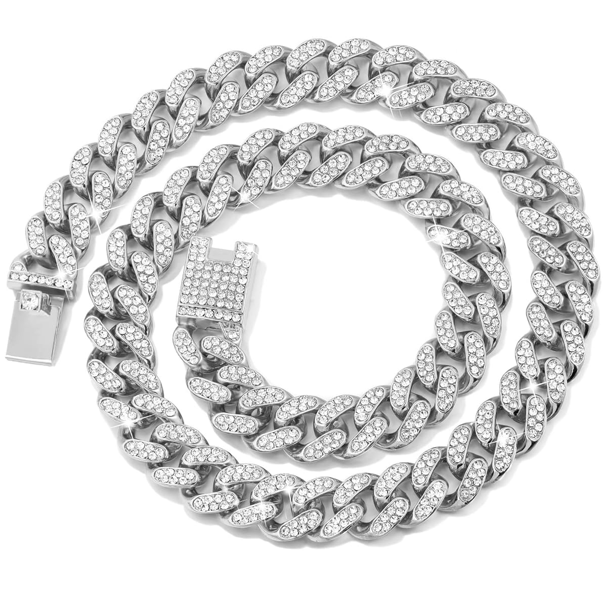 Venzina Cuban Chain Necklace for Men and Women 20in featuring Rhinestone Links | Silver