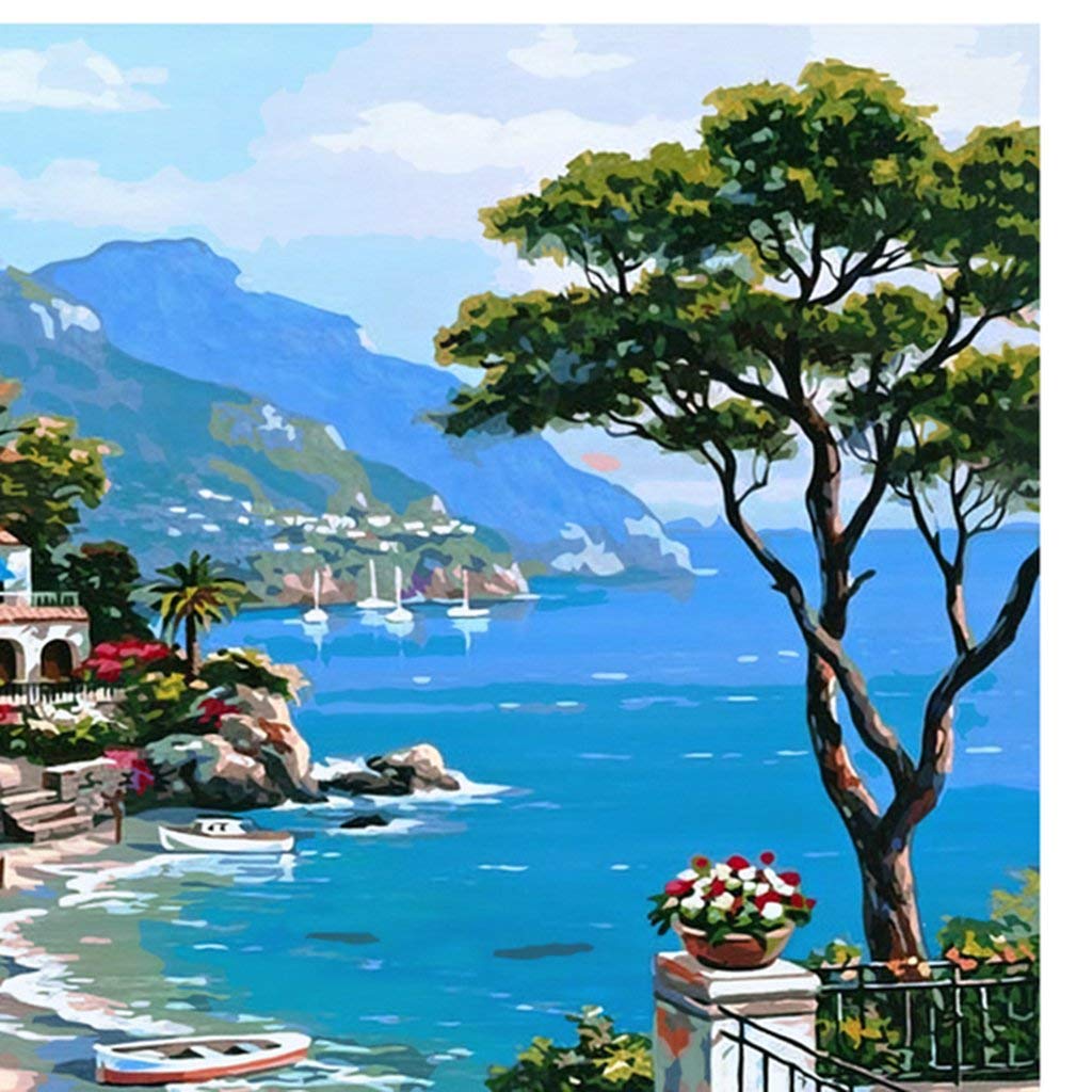 HASTHIP® 2Pcs DIY Paint By Numbers for Adults Canvas Oil Painting Kit, Unframed 15.8x19.7 Inches, Complete Beginners Art Set, Brushes & Gift-Ready Packaging, Romantic Spring & Coastal Town Scenery