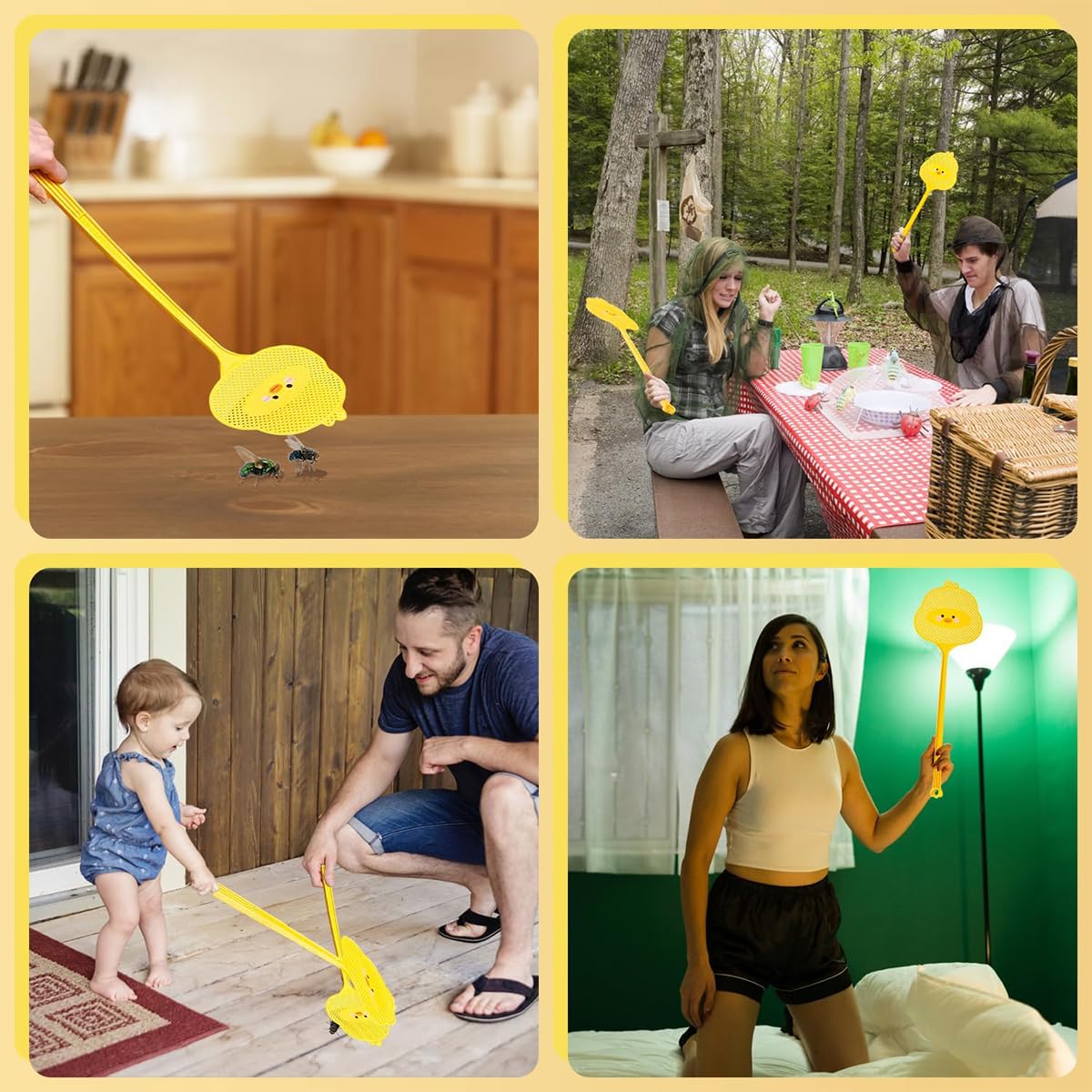 Supvox® 3Pcs Large Fly Swatters, 19'' Long Handle Household Cartoon Cute Durable Thickened Fly Swatter, Durable Grid Design Swatter for Home Office & Outdoor Use (Yelllow)