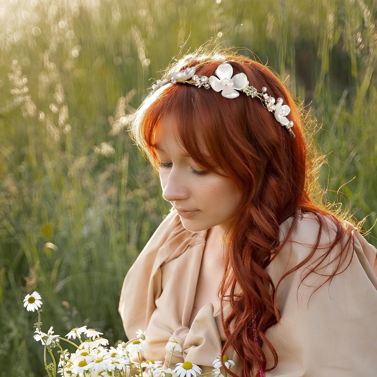 SANNIDHI Flower Tiara for Girls with Pearls and Ribbons | Gold Metal Headband for Weddings